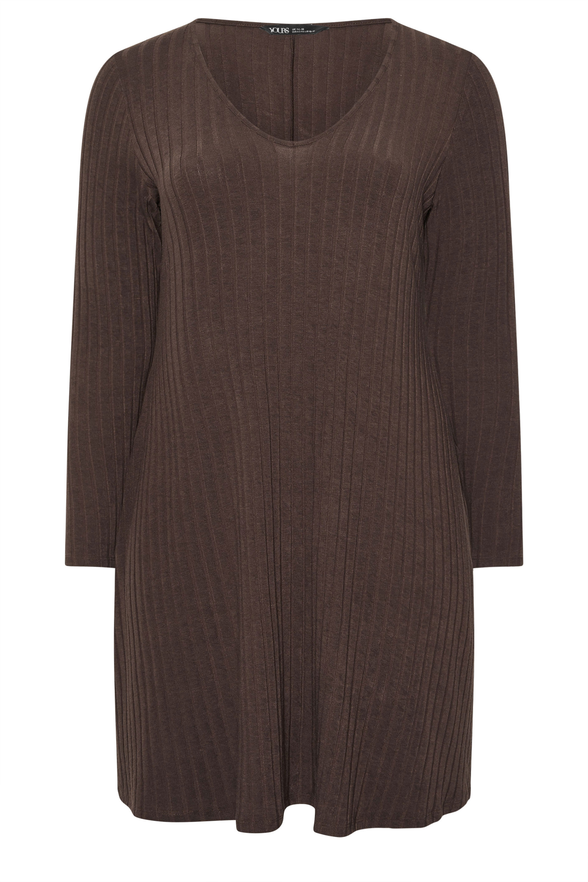 YOURS Plus Size Chocolate Brown Ribbed Flare Mini Dress | Yours Clothing 5