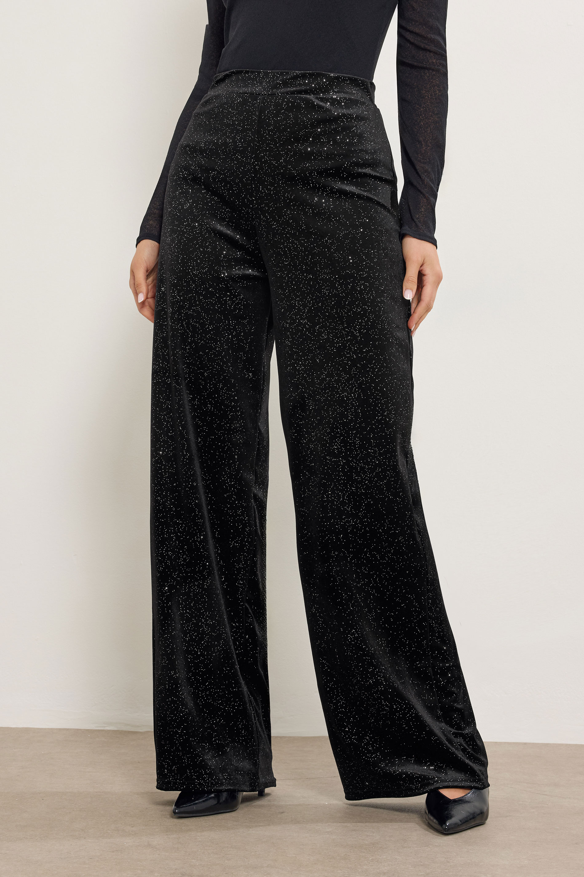 LTS Tall Black Velvet Glitter Wide Leg Trousers | Long Tall Sally  1