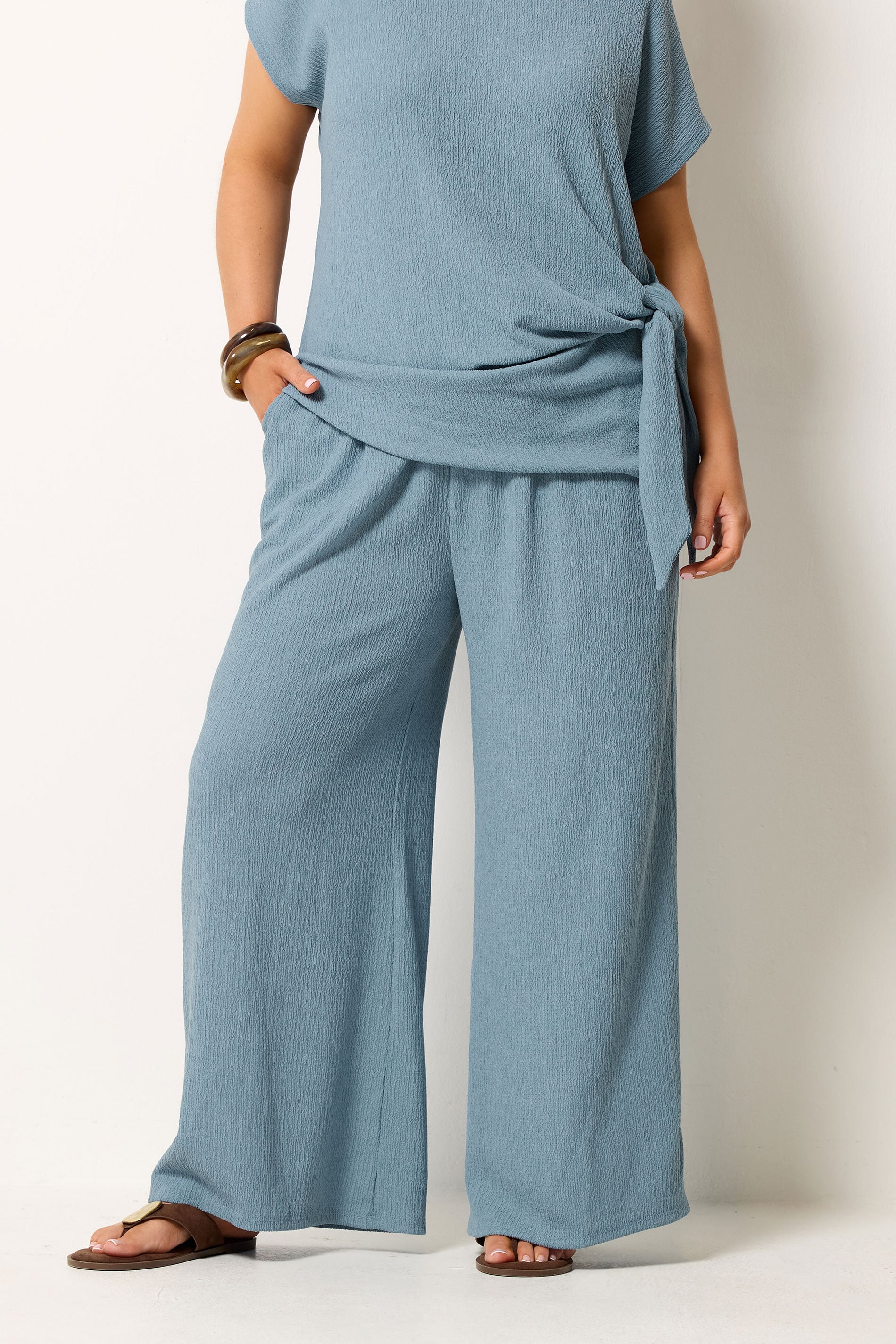 YOURS Plus Size Blue Wide Leg Textured Trousers | Yours Clothing 3