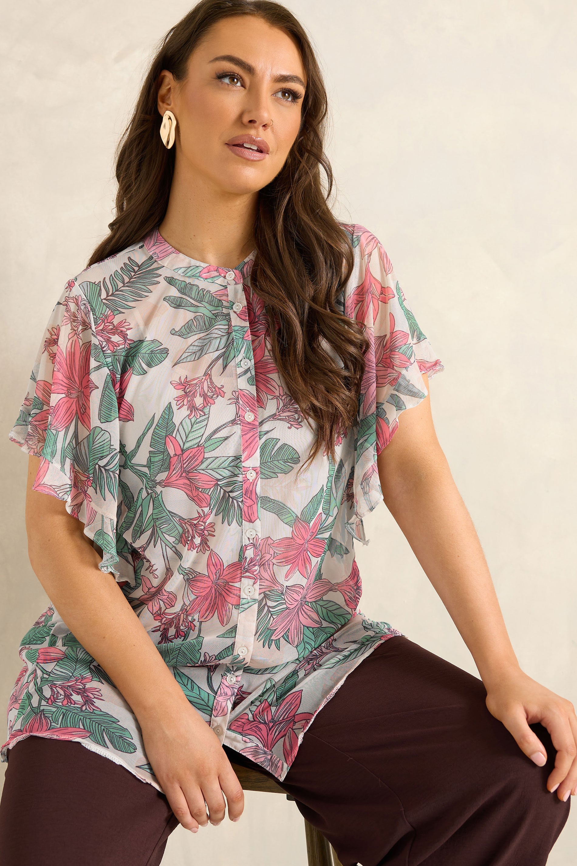 Evans Women's Green Curve Floral Frill Sleeve Blouse Size 26-28