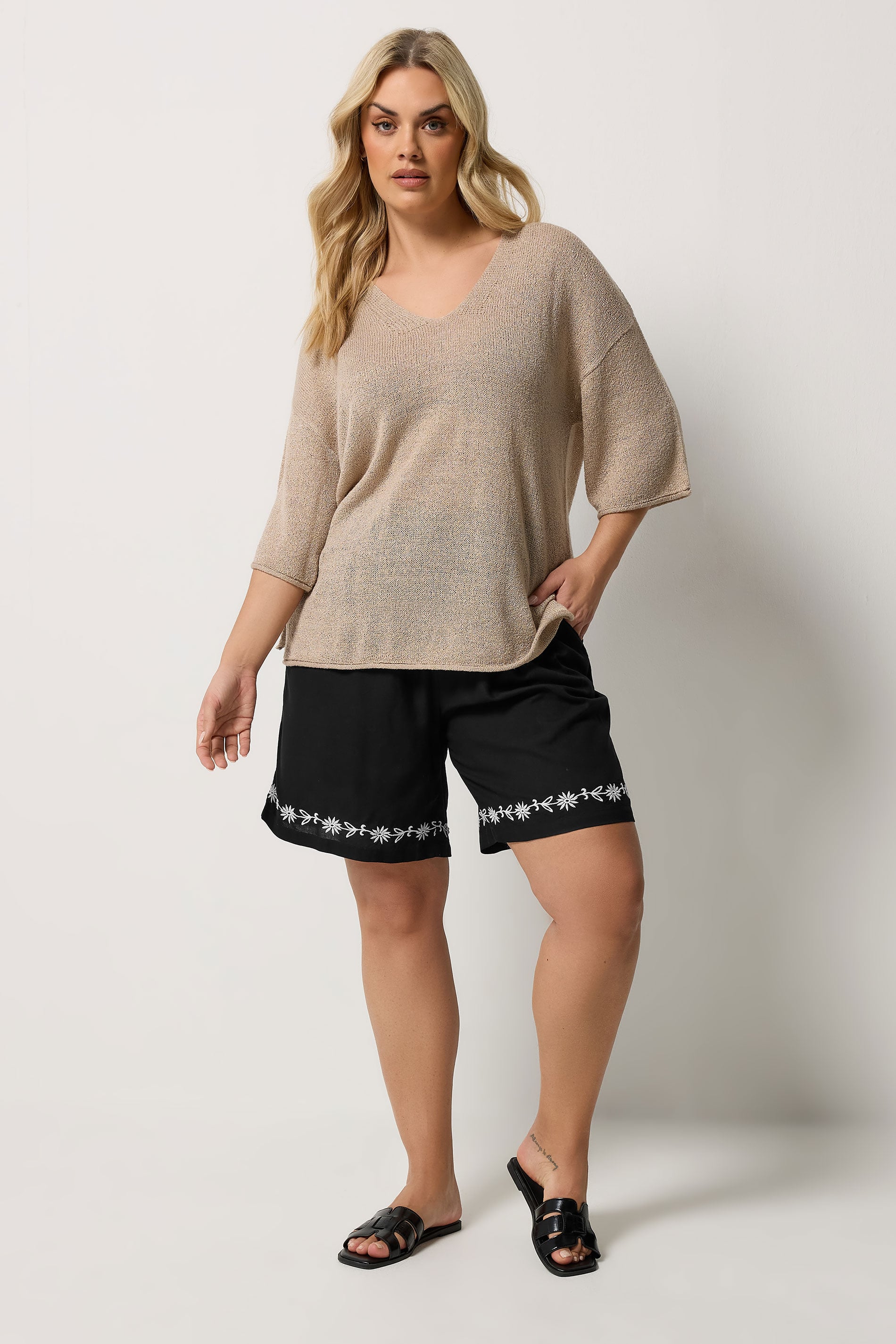 YOURS Plus Size Black Floral Embroidered Hem Shorts | Yours Clothing 1