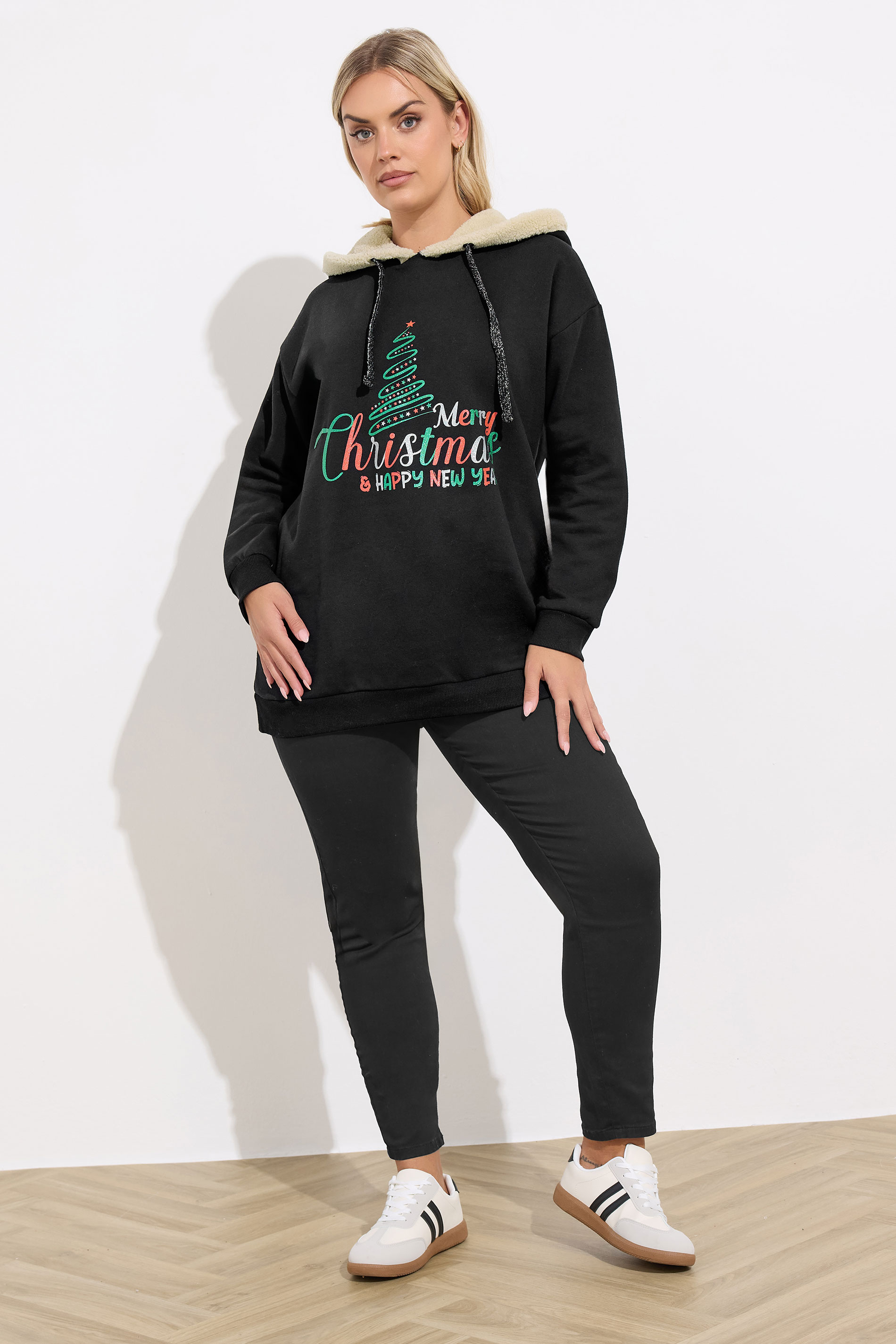 YOURS Plus Size Black 'Merry Christmas' Glitter Tree Novelty Hoodie | Yours Clothing 1