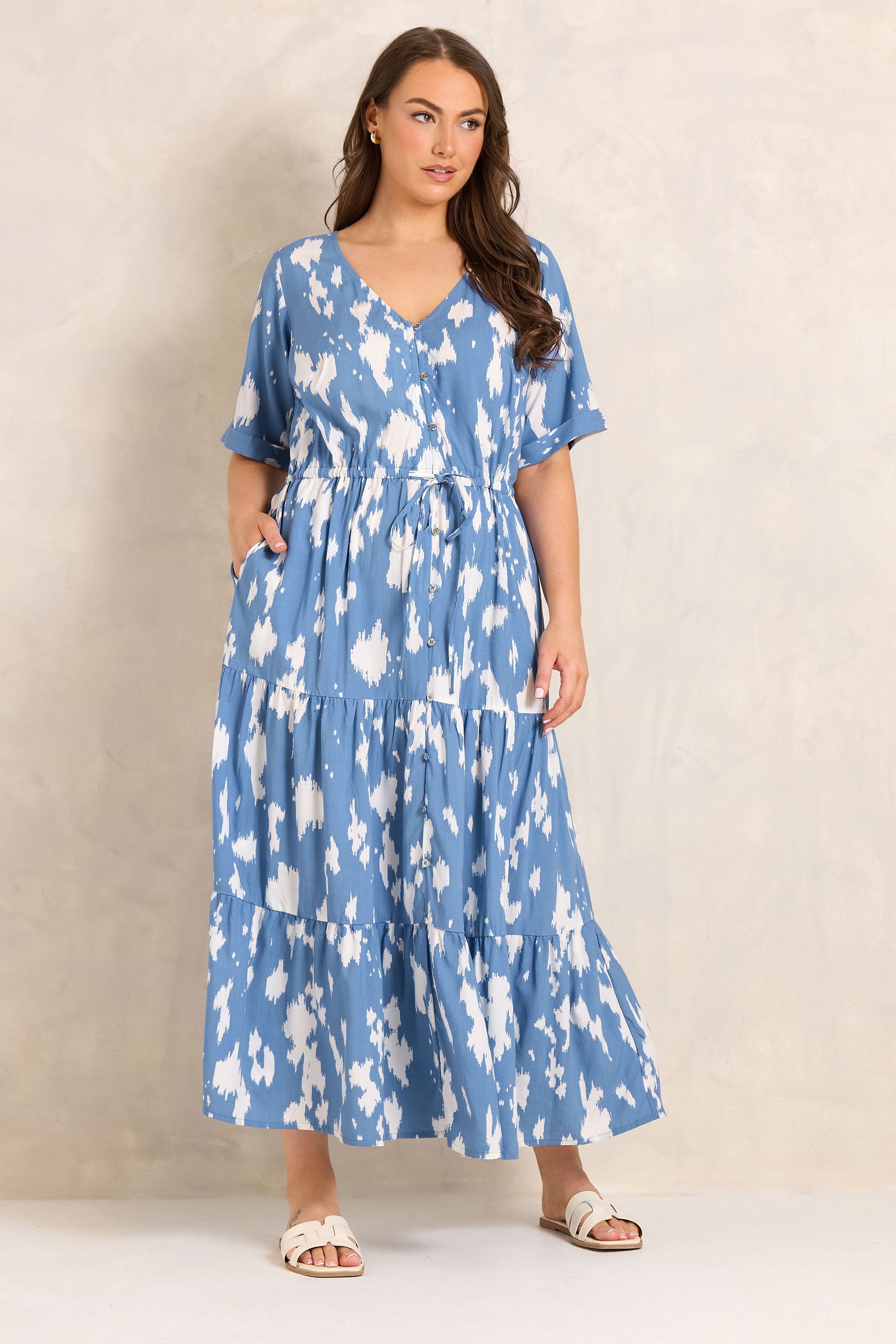 Evans Women's Blue Plus Abstract Print Tie Waist Dress Size 26-28