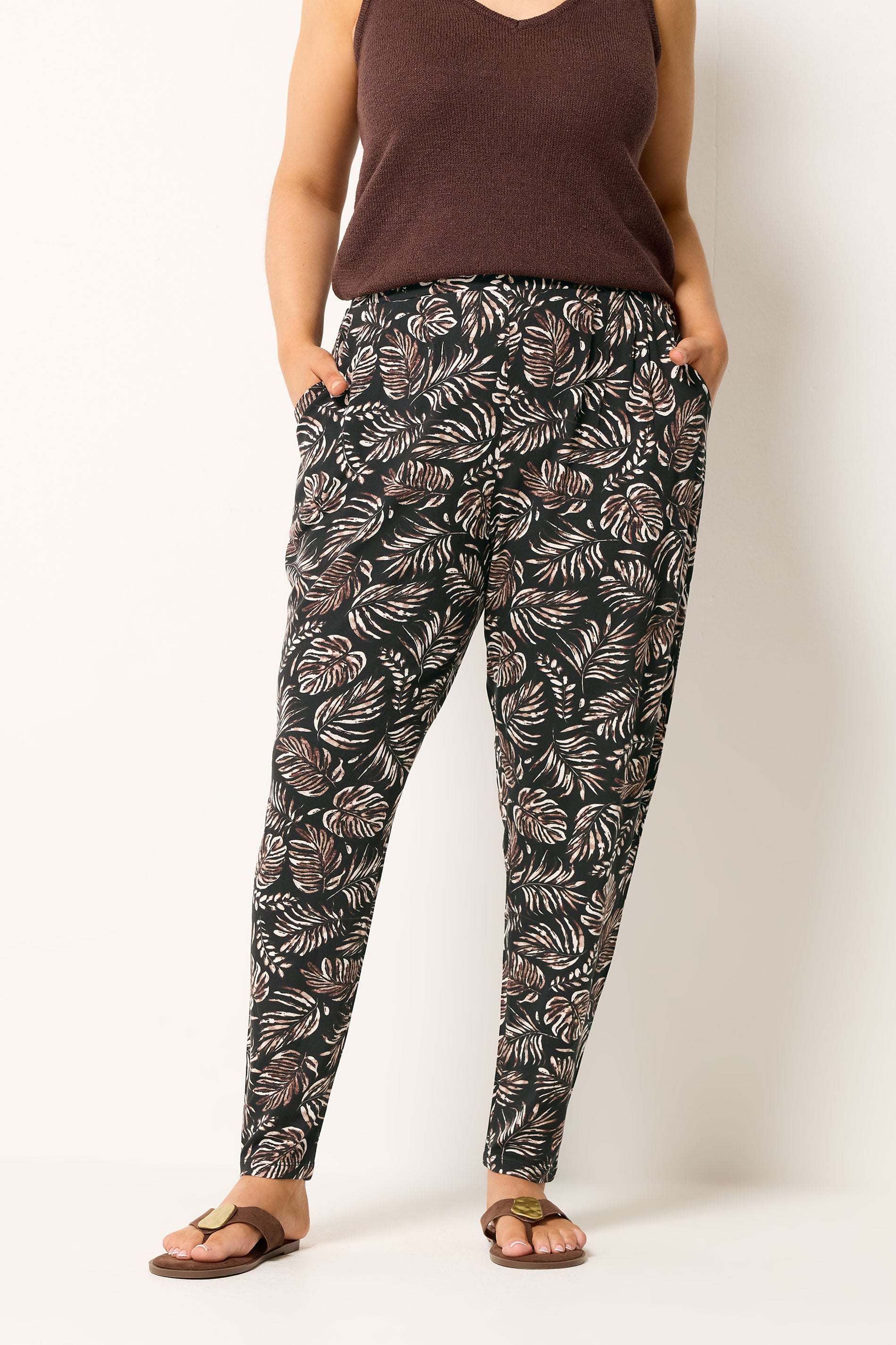 YOURS Plus Size Black Leaf Print Double Pleat Harem Trousers | Yours Clothing 3