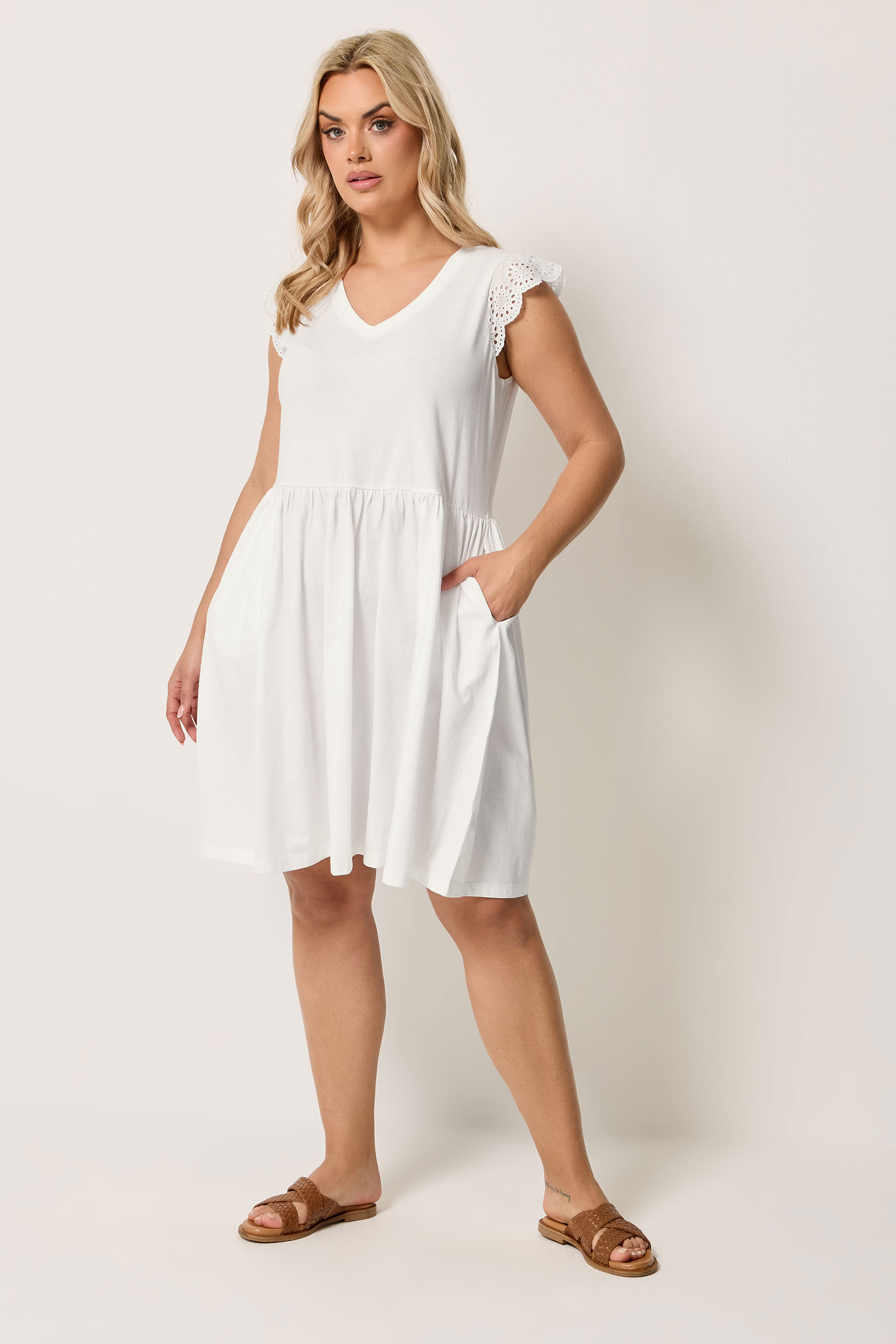 YOURS Plus Size White Broderie Anglaise Peplum Dress | Yours Clothing 1