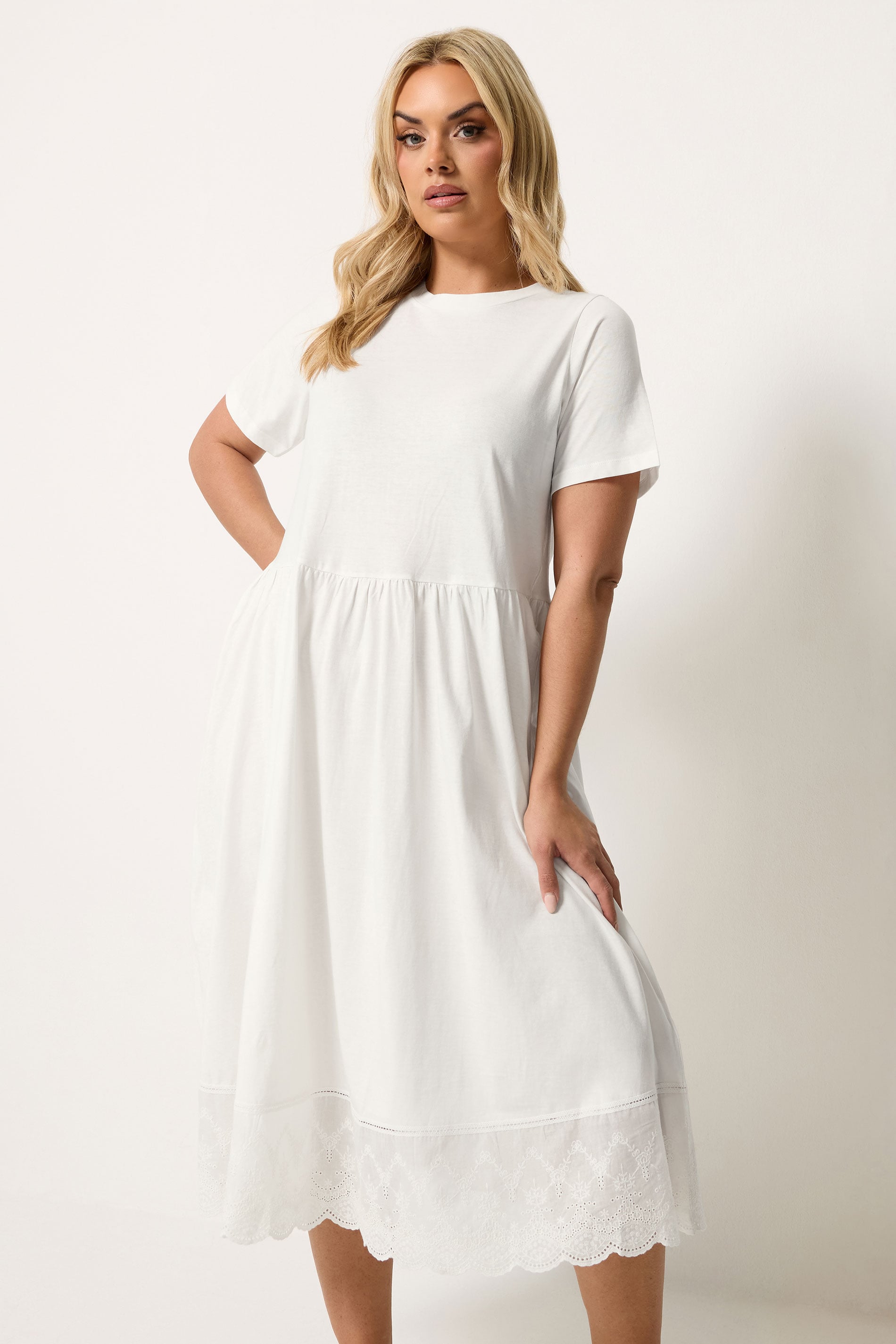 YOURS Plus Size Ivory White Broderie Anglaise Trim Dress | Yours Clothing 3