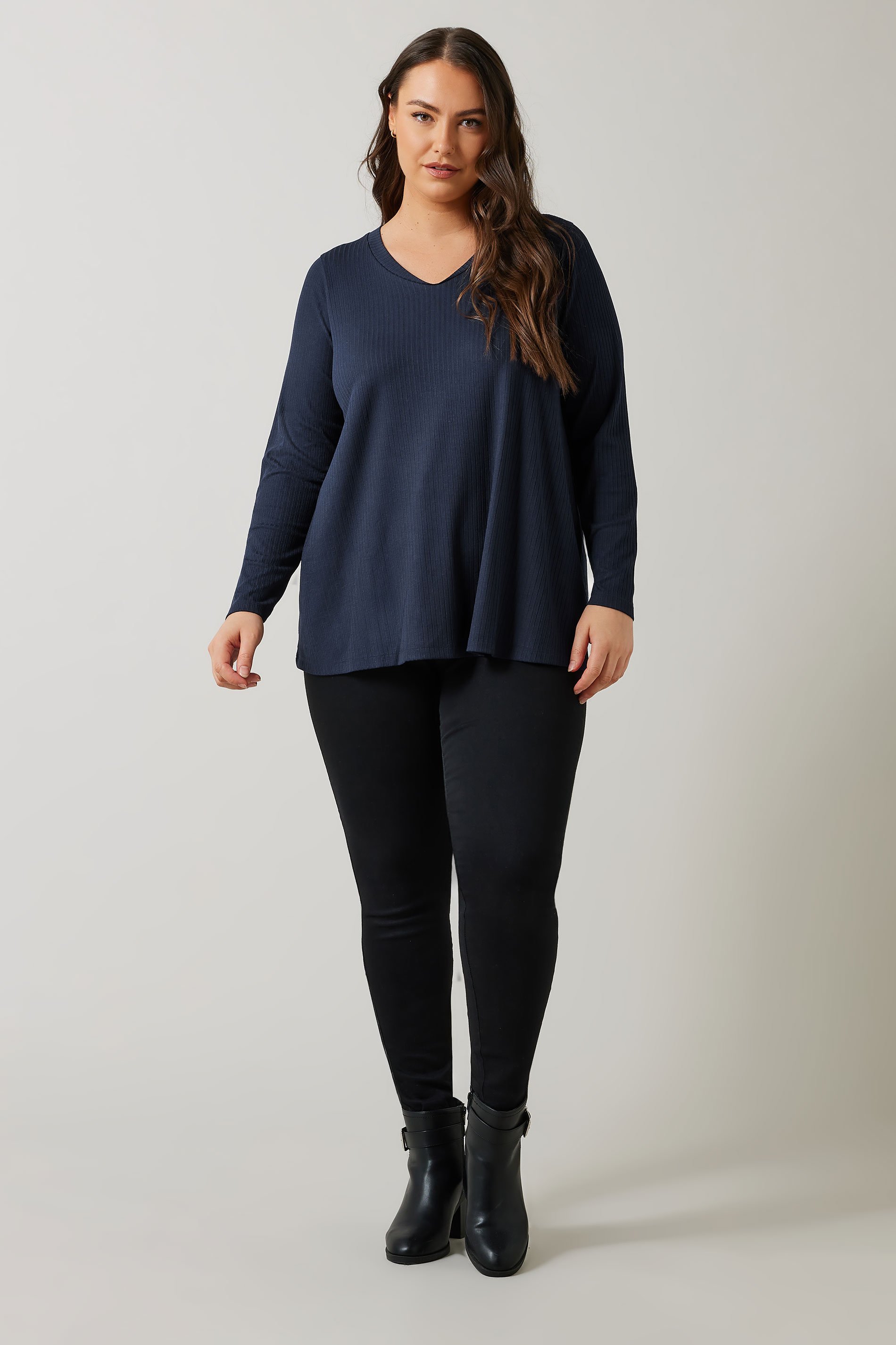 EVANS Plus Size Navy Blue Premium Ribbed Modal Blend Swing Top 2