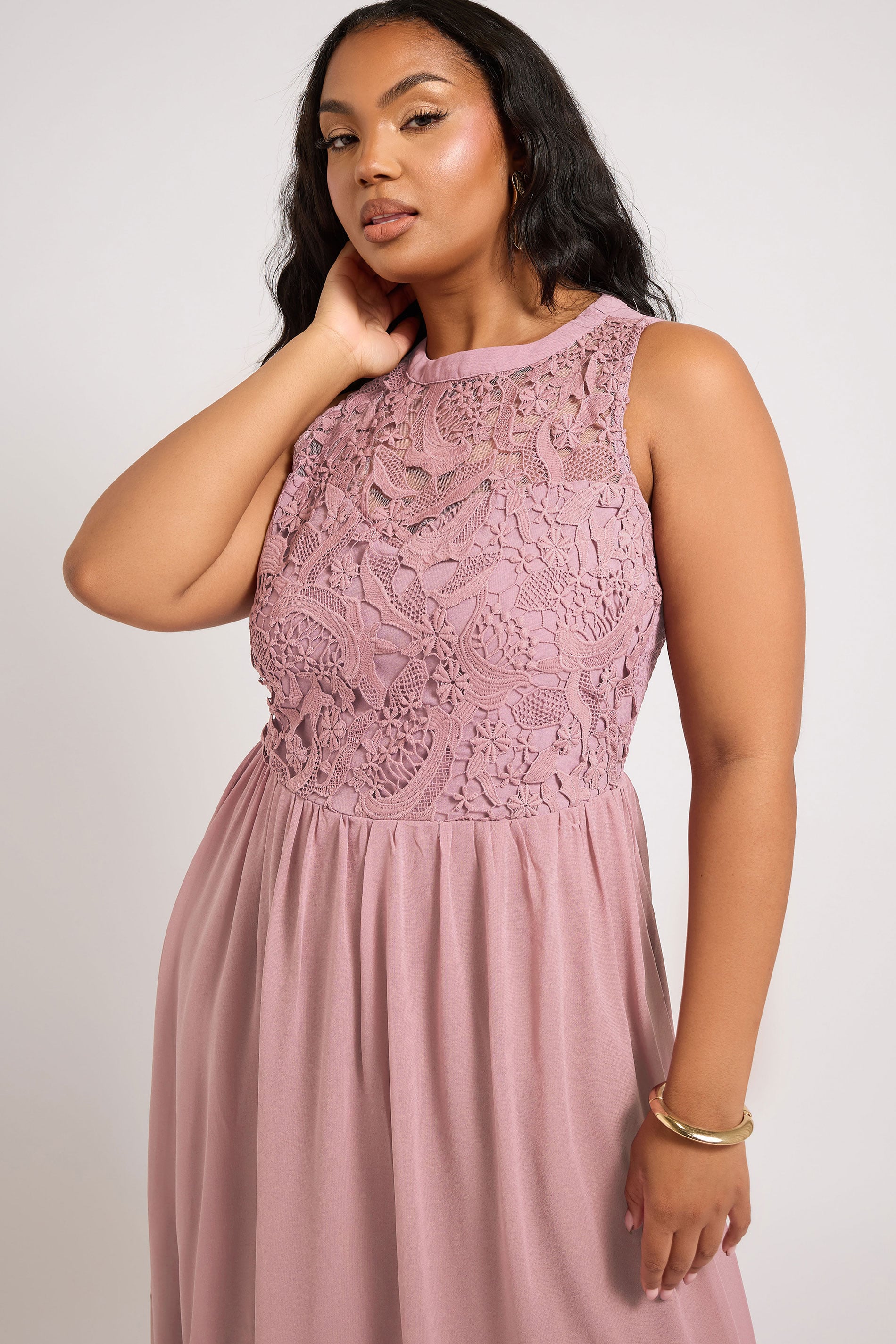 Plus Size YOURS LONDON Curve Pink Lace Front Chiffon Maxi Bridesmaid Dress | Yours Clothing  4