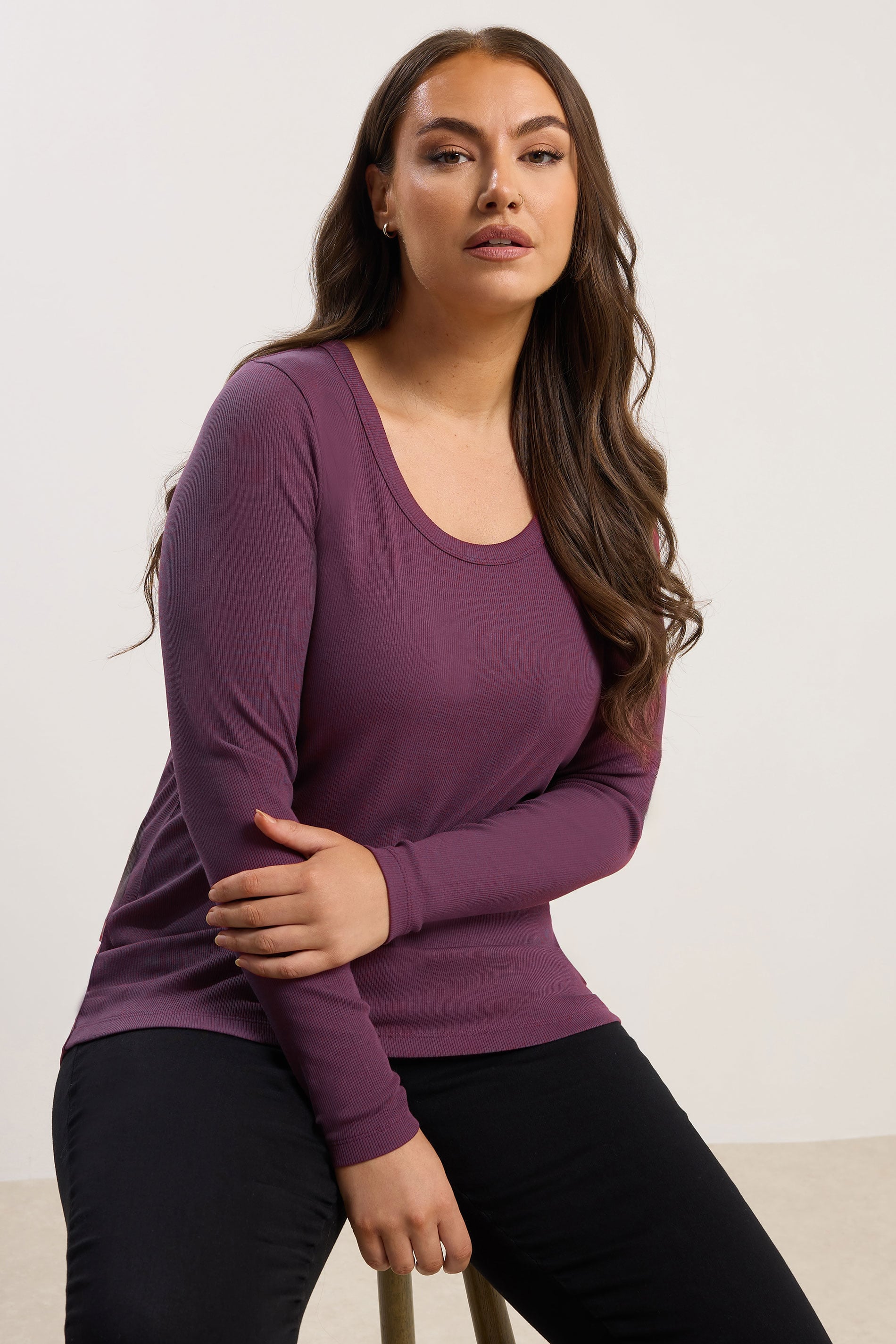 YOURS Plus Size Purple Ribbed Scoop Neck Top | Yours Clothing 3