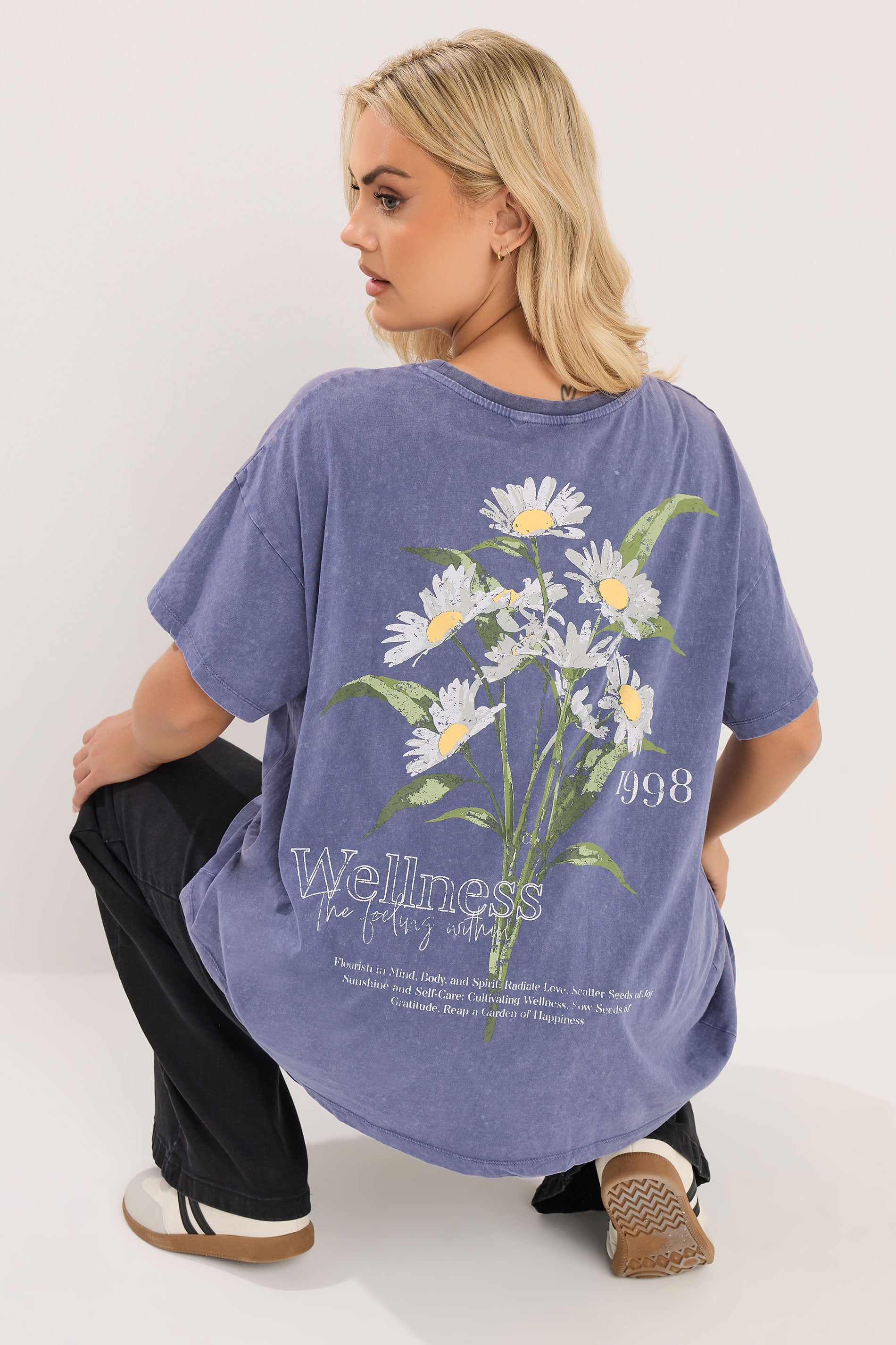YOURS Plus Size Blue 'Wellness' Daisy Back Print T-Shirt | Yours Clothing 3