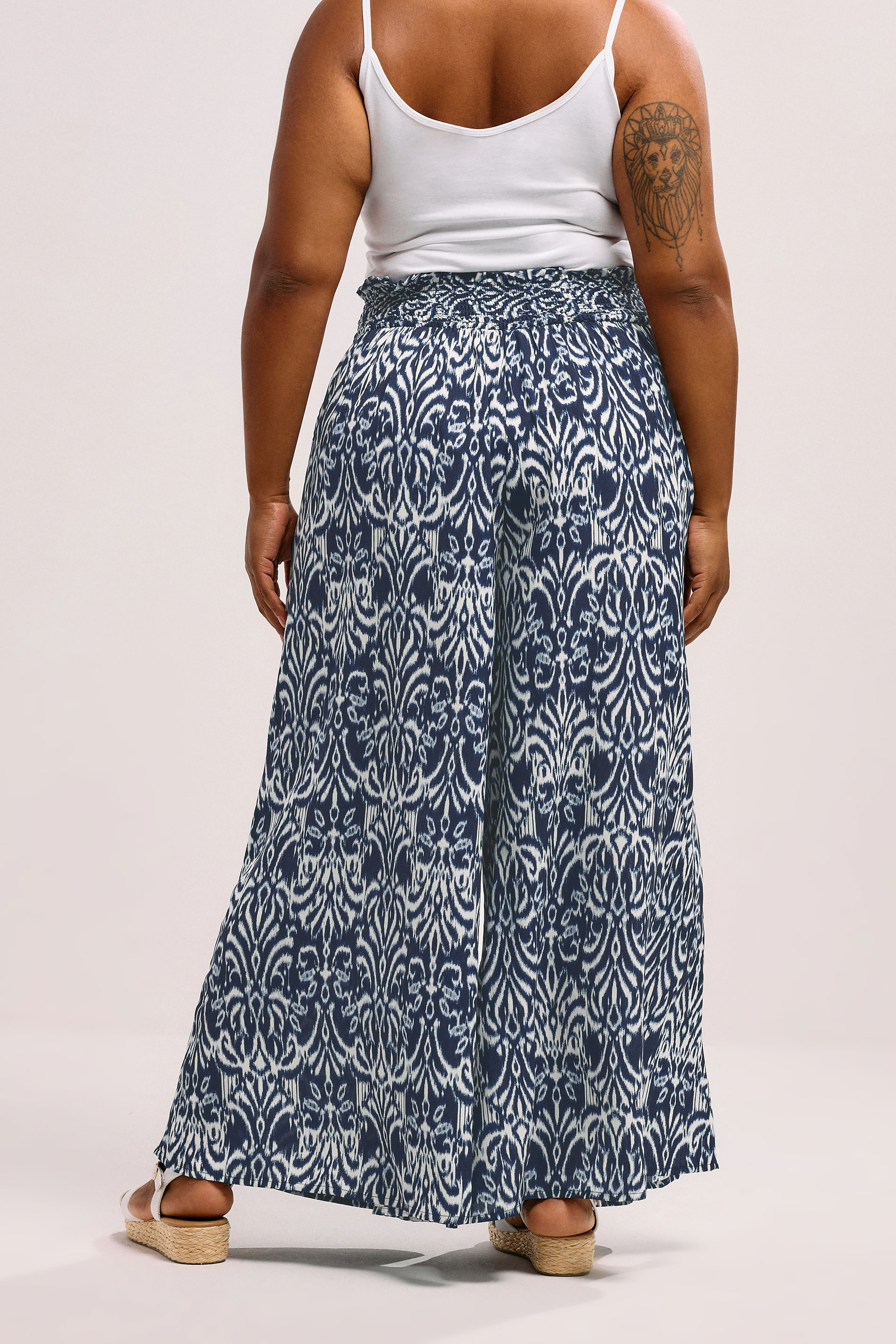 YOURS Plus Size Blue Ikat Shirred Waist Trousers | Yours Clothing 2