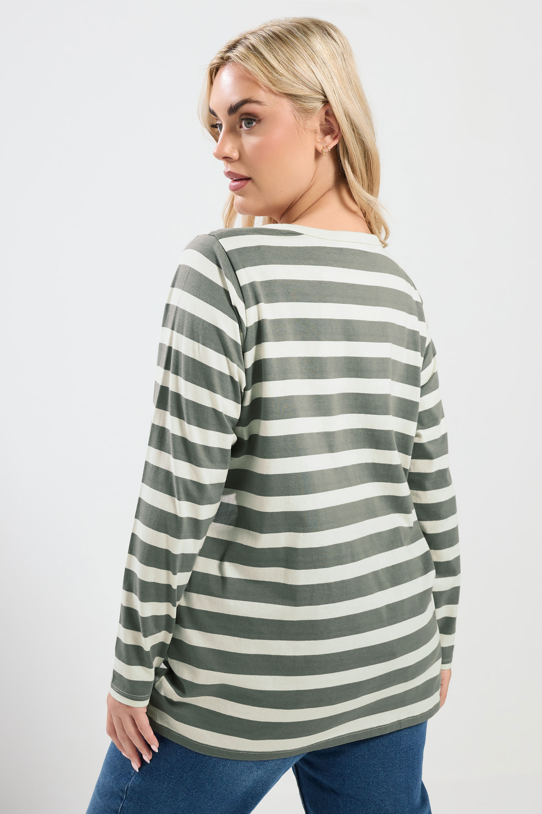 YOURS Plus Size Sage Green Stripe Long Sleeve T-Shirt | Yours Clothing 2
