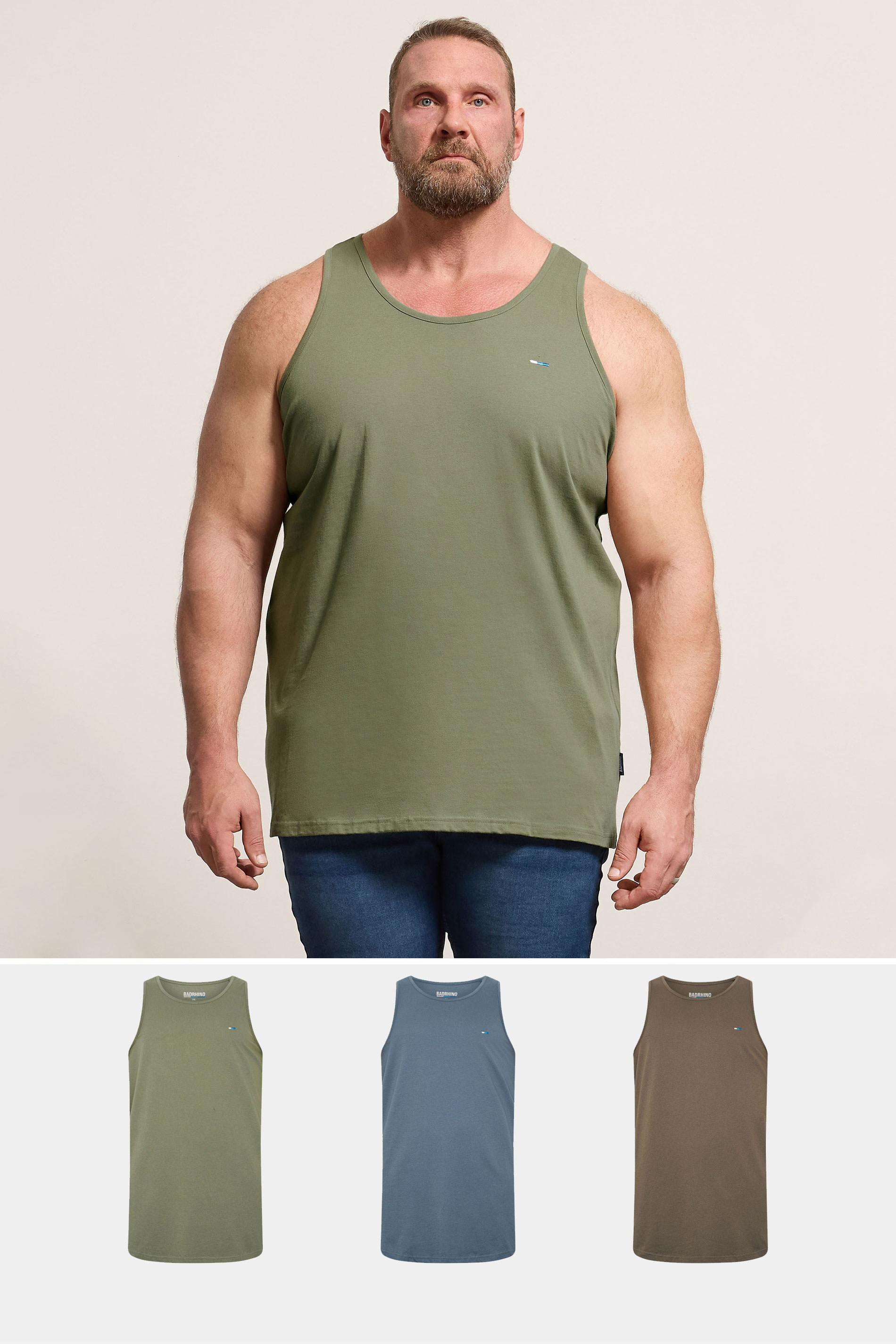 BadRhino Big & Tall 3 PACK Green/Blue/Brown Plain Vest Tops | BadRhino 2