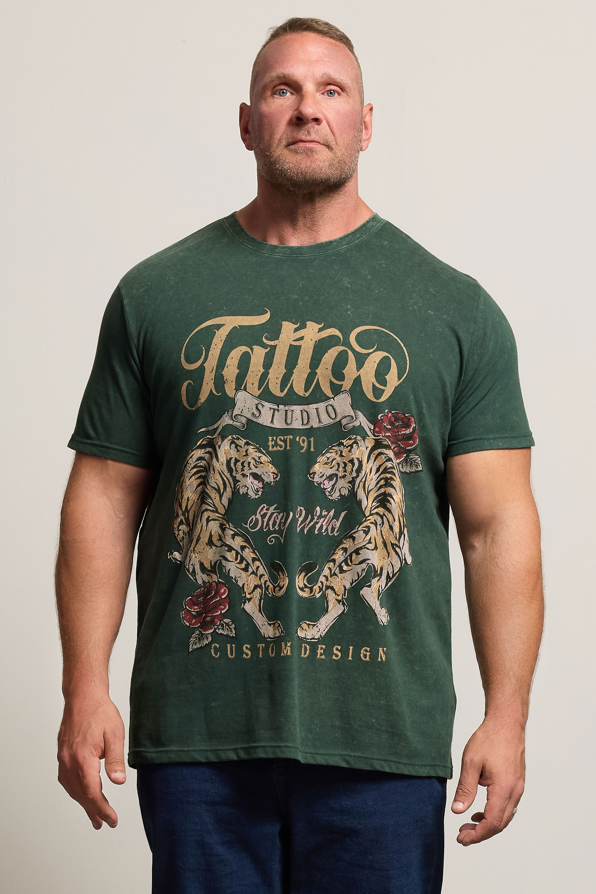 BadRhino Big & Tall Green Acid Wash Tattoo Tiger Graphic T-Shirt | BadRhino 3