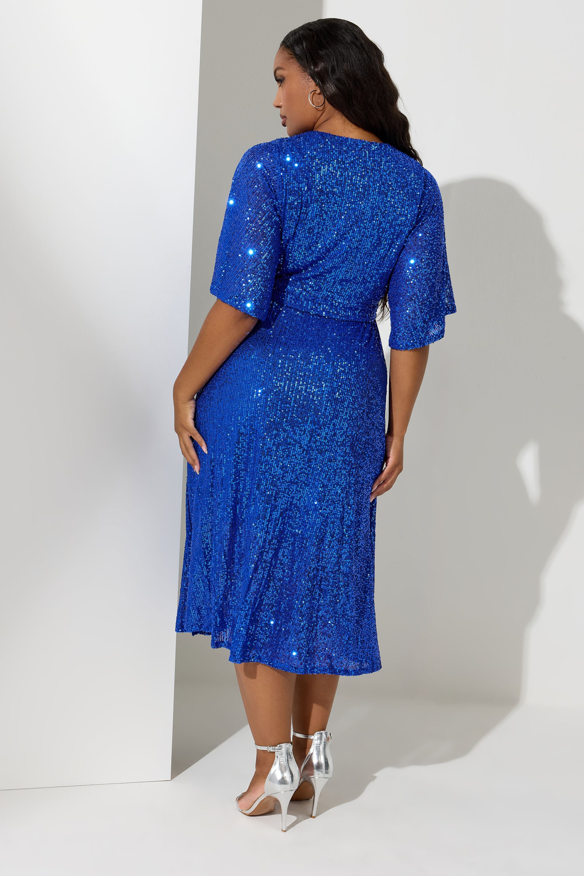 YOURS LONDON Plus Size Blue Sequin Wrap Dress | Yours Clothing 2