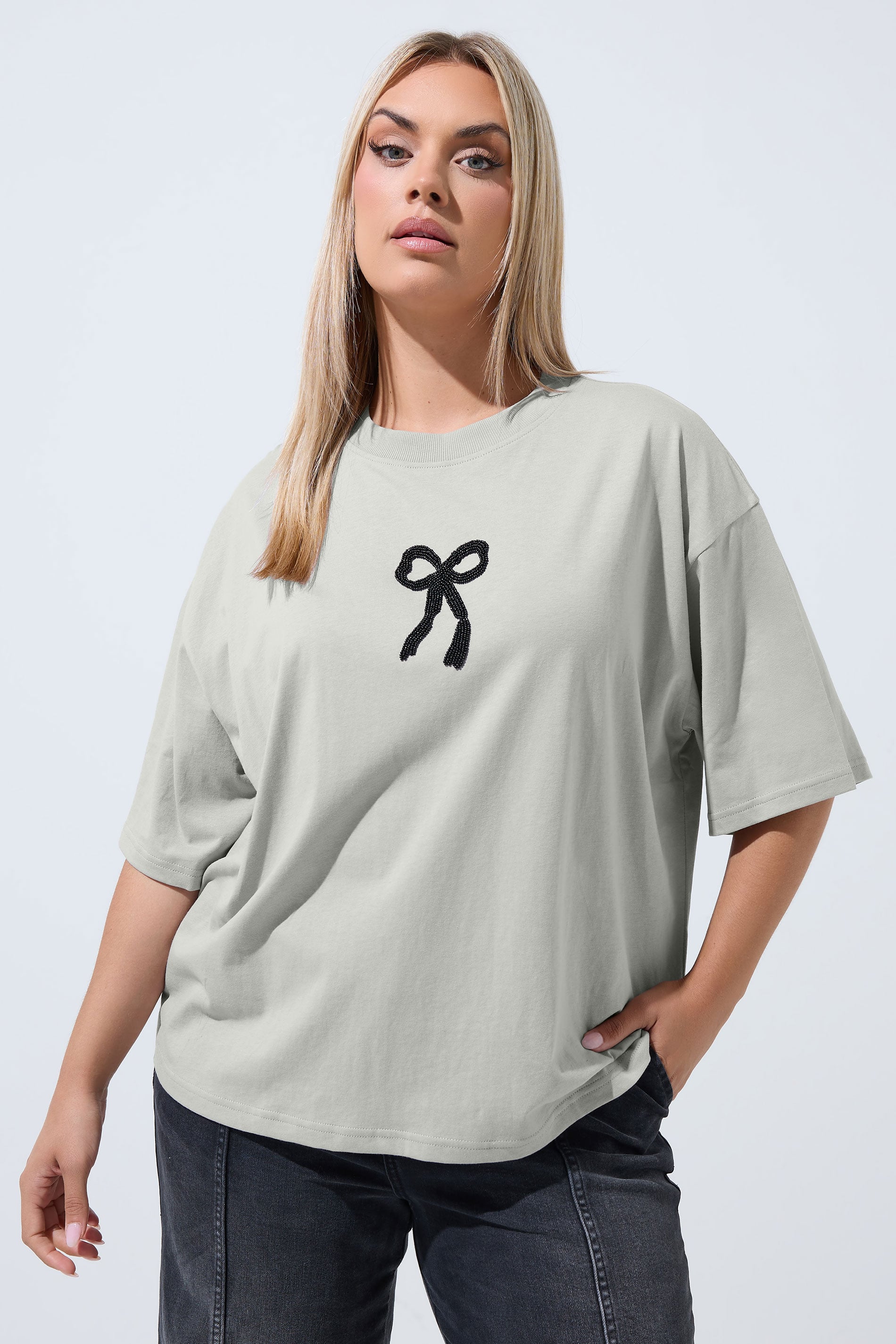 LIMITED COLLECTION Plus Size Grey Bow Beaded Top 1