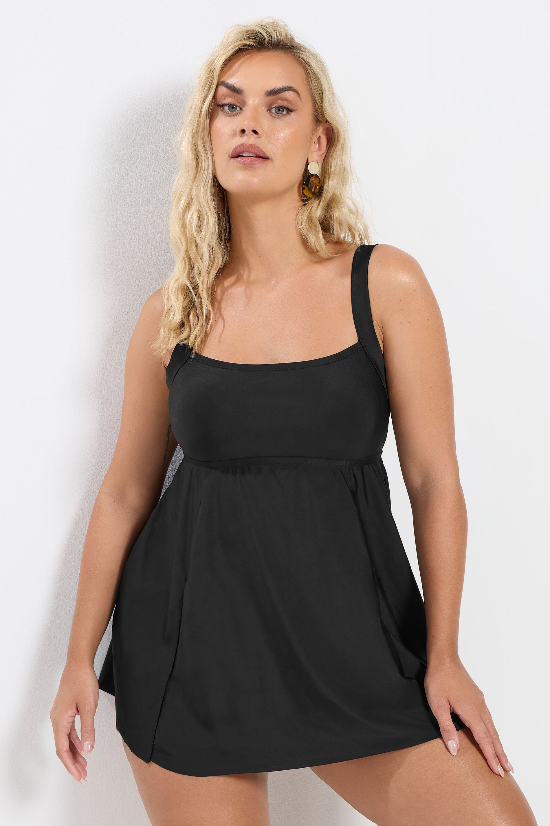 YOURS Plus Size Black Square Neckline Tummy Control Swim Dress | Yours Clothing 1