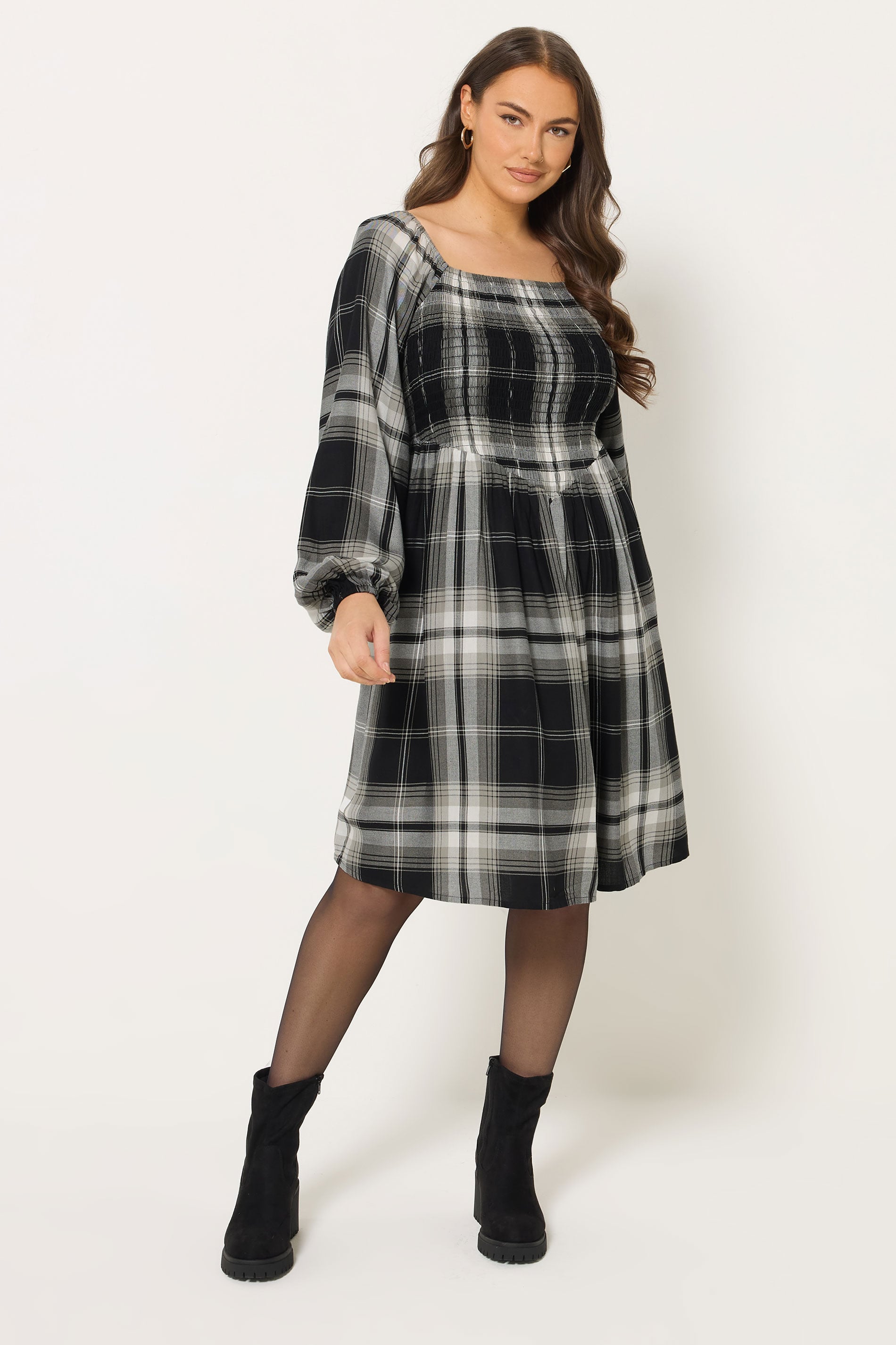 YOURS Plus Size Black Check Shirred Mini Dress | Yours Clothing 3
