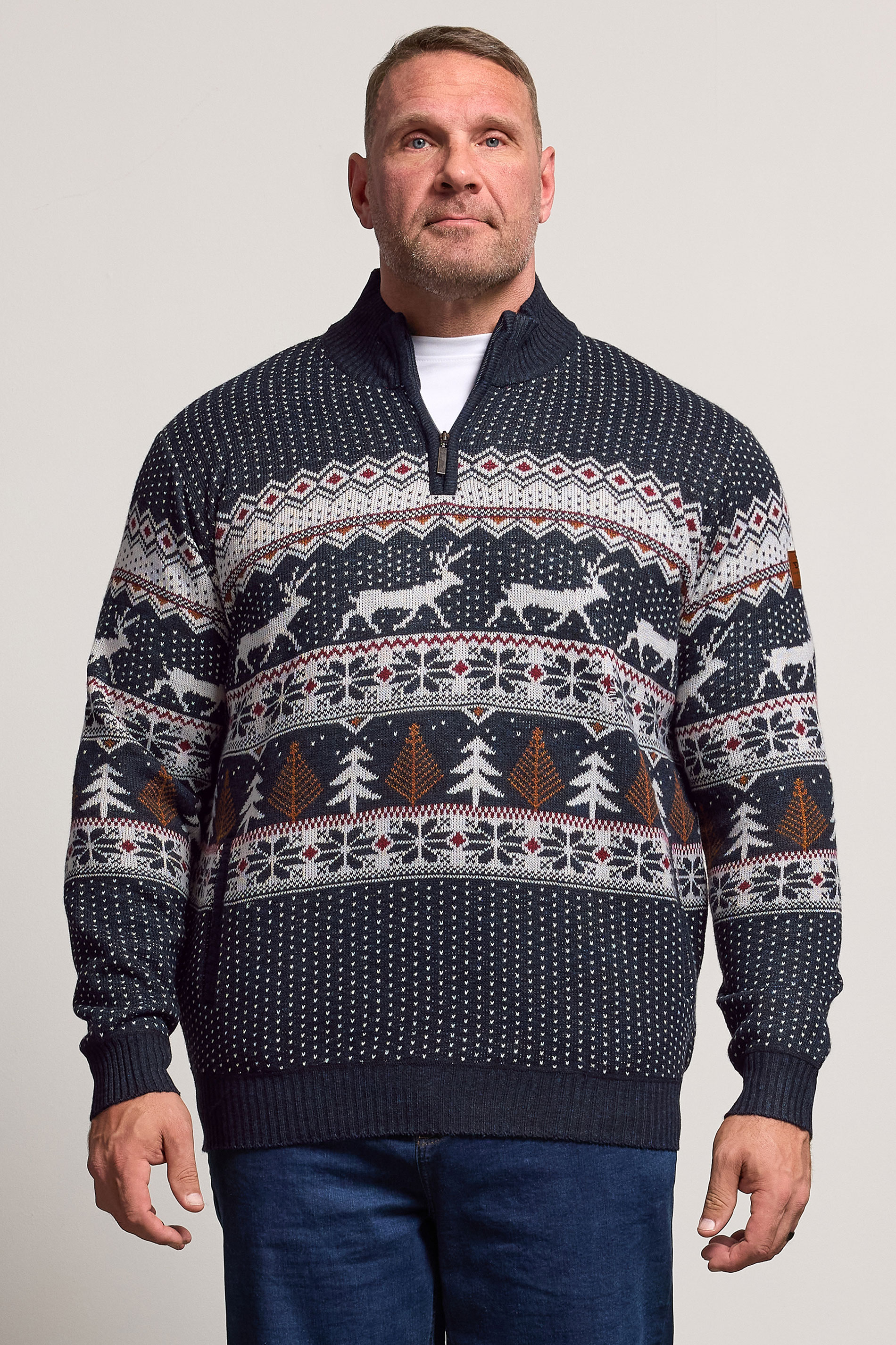 D555 Big & Tall Navy Blue Christmas Quarter Zip Jumper | BadRhino 3