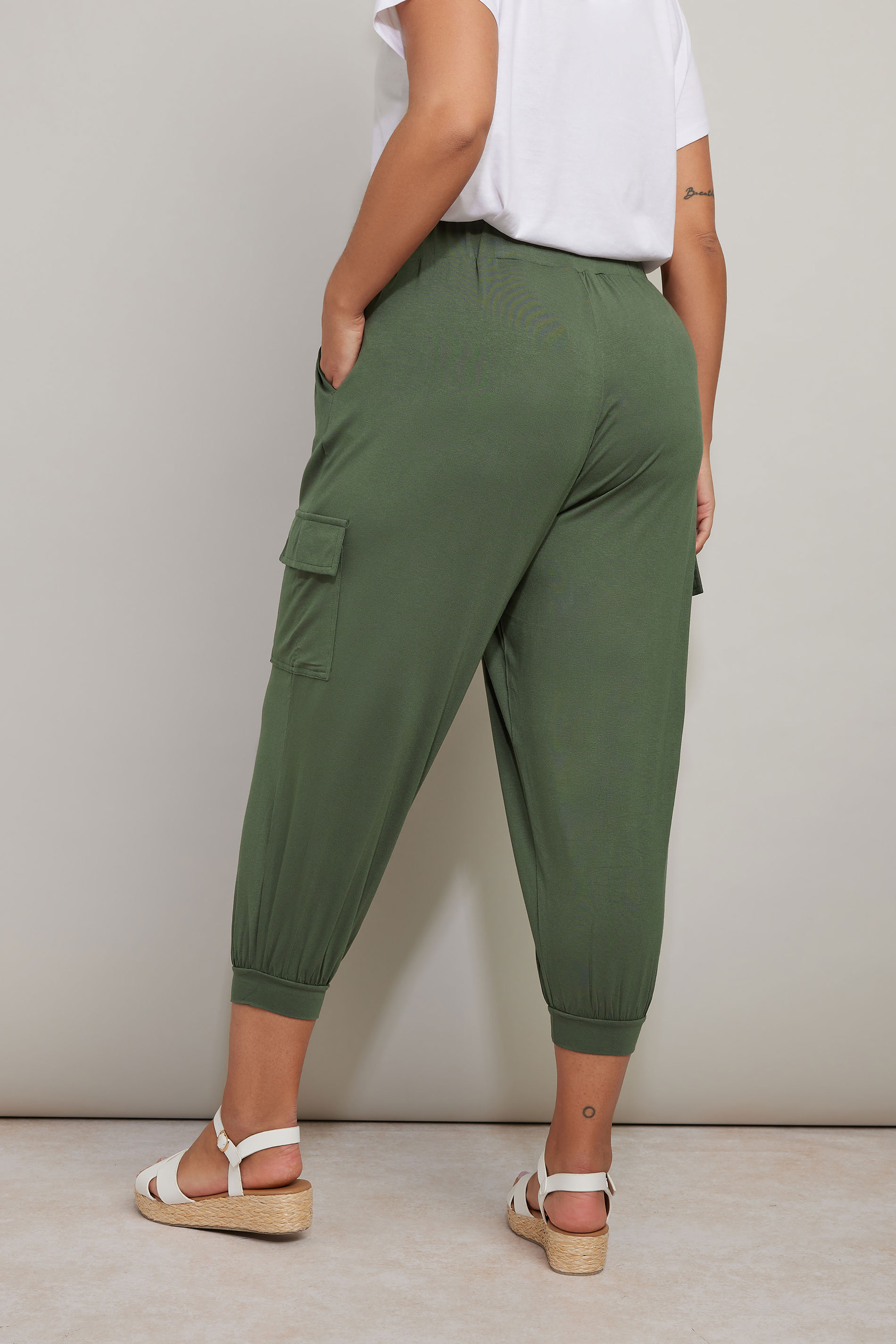 YOURS Plus Size Khaki Green Cropped Cargo Harem Trousers | Yours Clothing 2