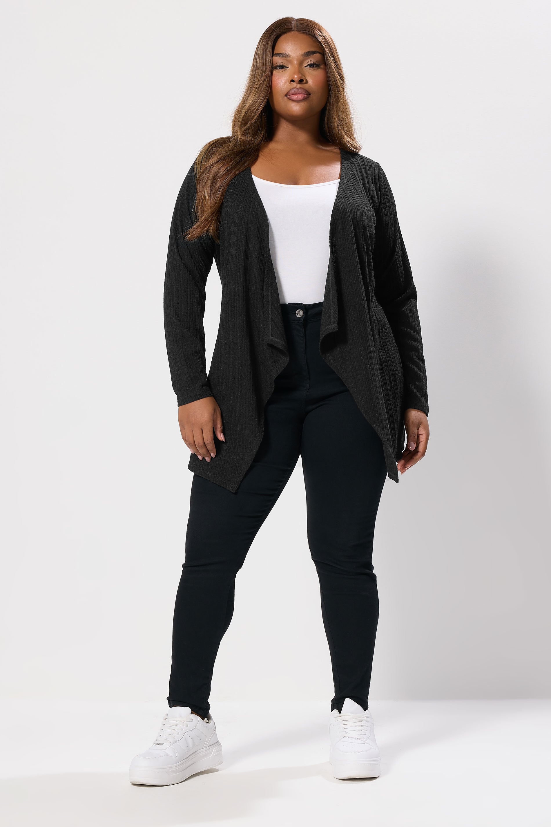 YOURS Plus Size Black Ribbed Waterfall Cardigan | Yours Clothing 1