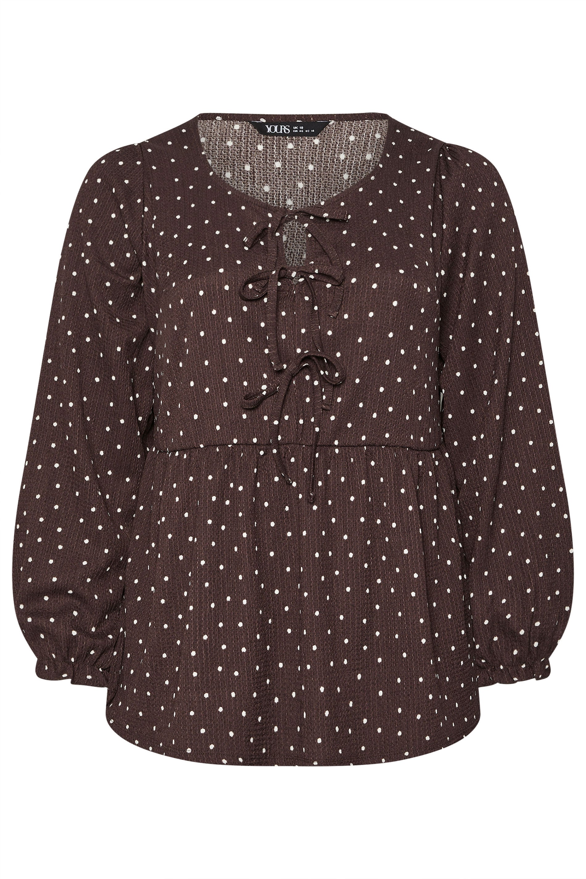 YOURS Plus Size Chocolate Brown Polka Dot Textured Peplum Top | Yours Clothing 5
