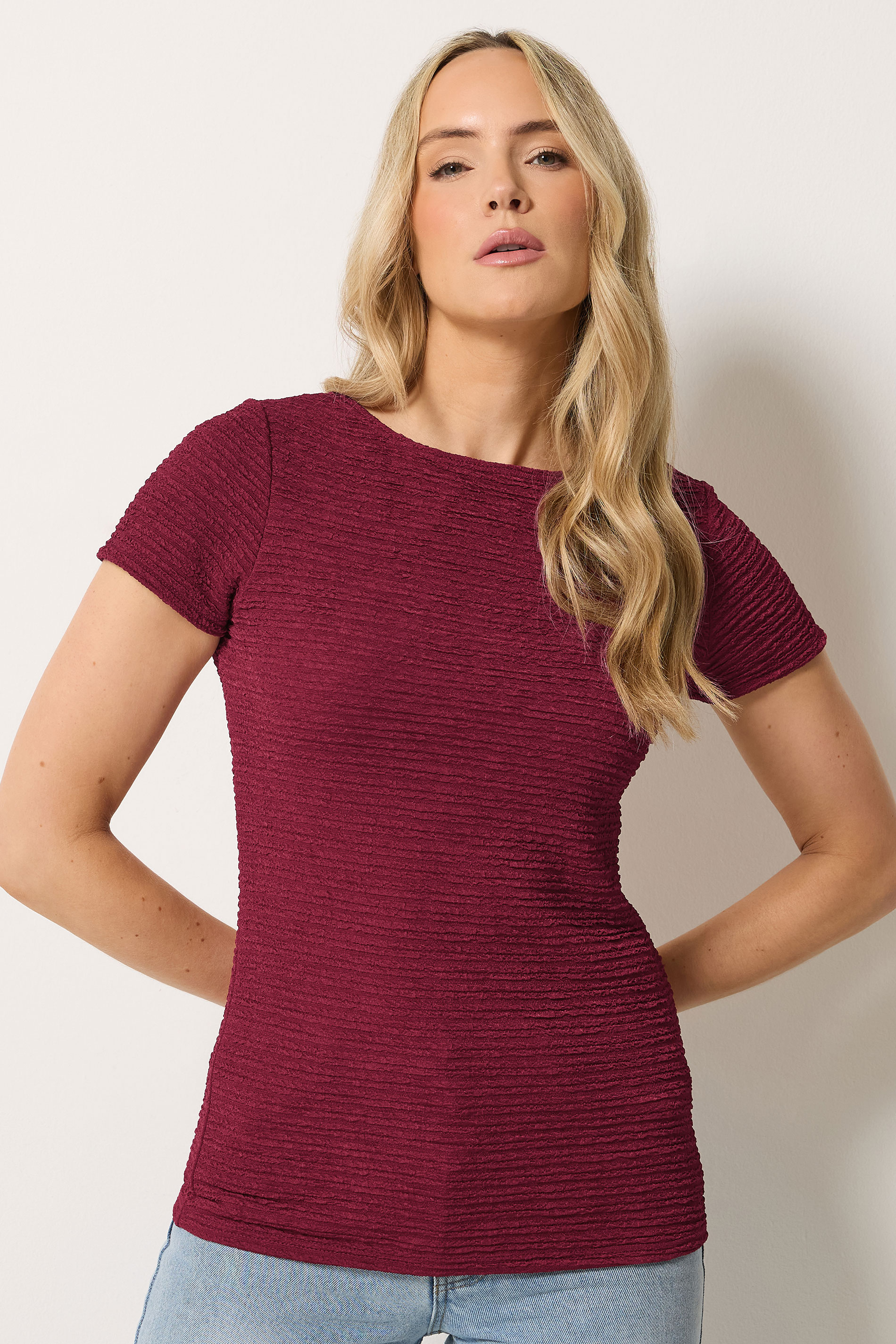 LTS Tall Women's Burgundy Red Textured Slash Neck Top | Long Tall Sally 3
