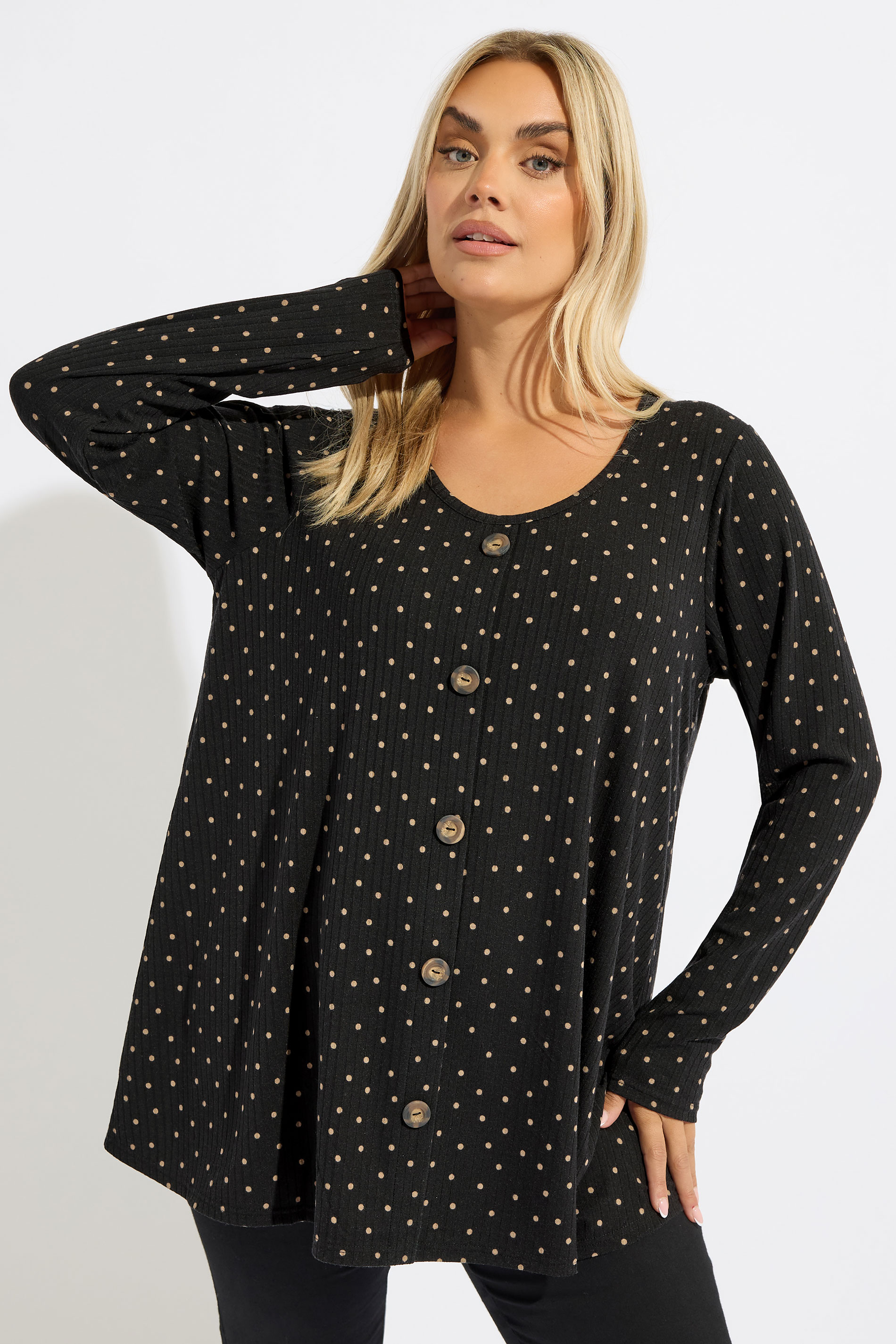 YOURS Plus Size Black Polka Dot Ribbed Button Top | Yours Clothing 1