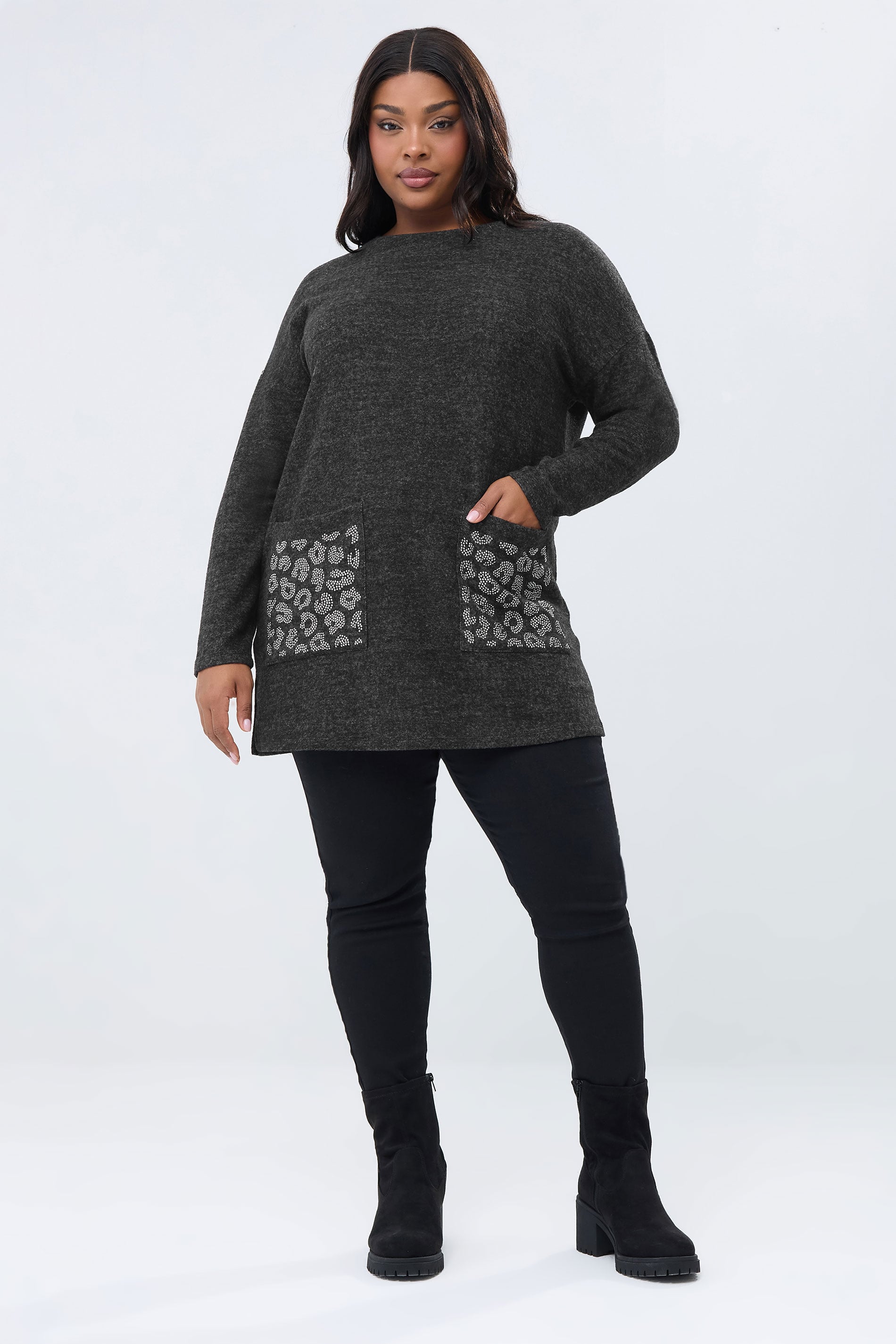 YOURS Plus Size Grey Leopard Diamante Embellished Pocket Top | Yours Clothing 1