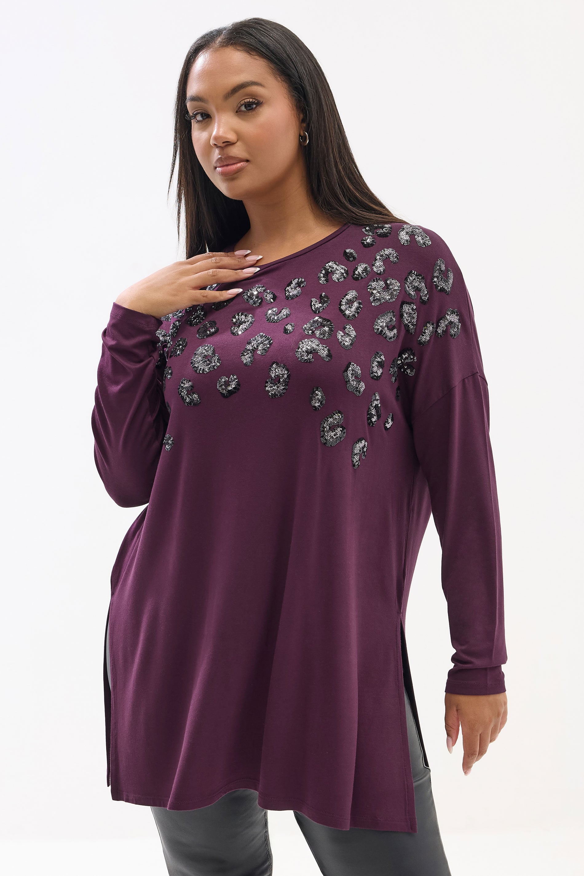 YOURS Plus Size Purple Leopard Sequin Long Sleeve Top | Yours Clothing 3