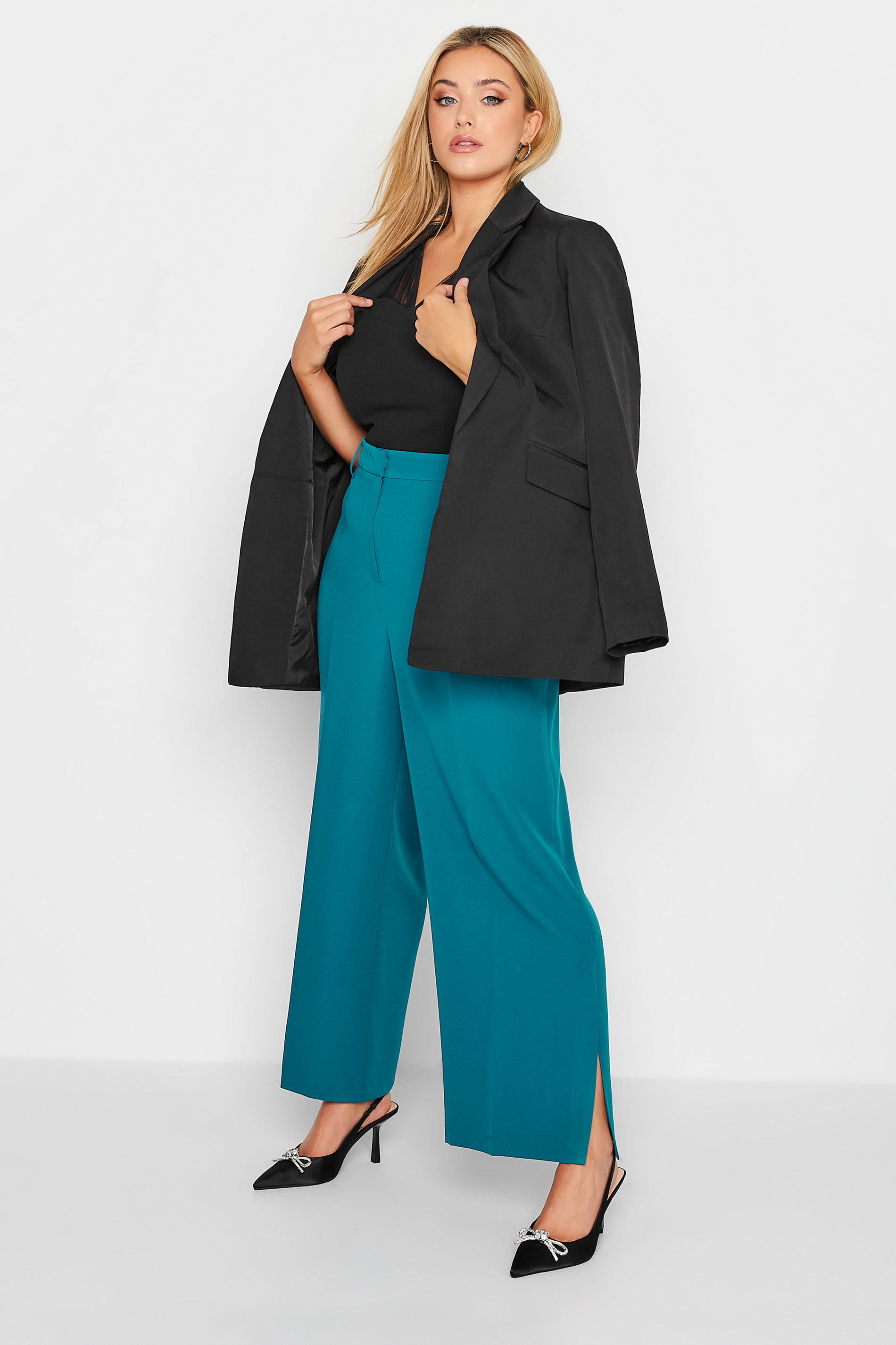 Plus Size Teal Blue Split Hem Flared Trousers| Yours Clothing 2