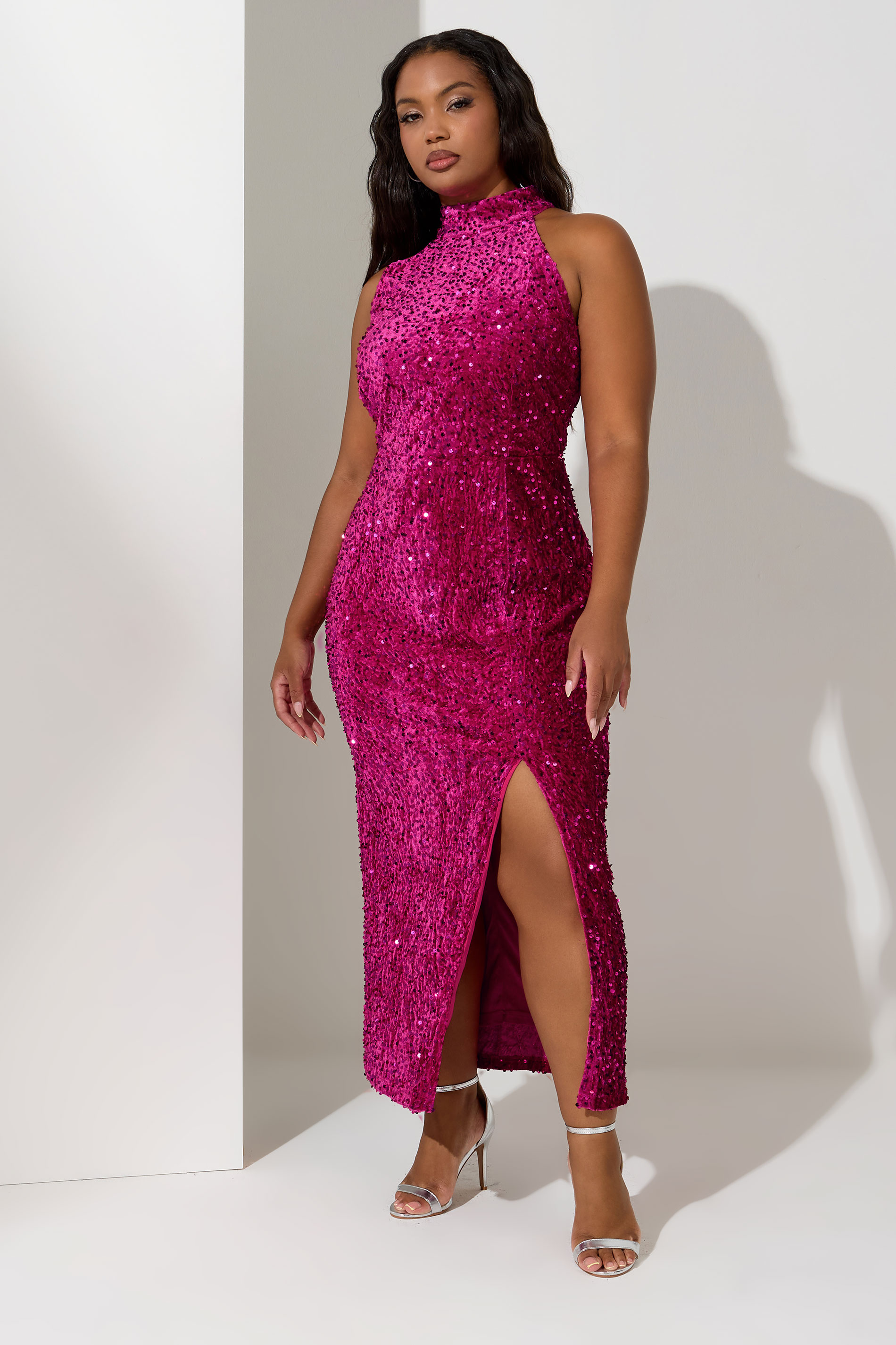 YOURS LONDON Plus Size Pink Sequin Velvet Maxi Dress | Yours Clothing 2