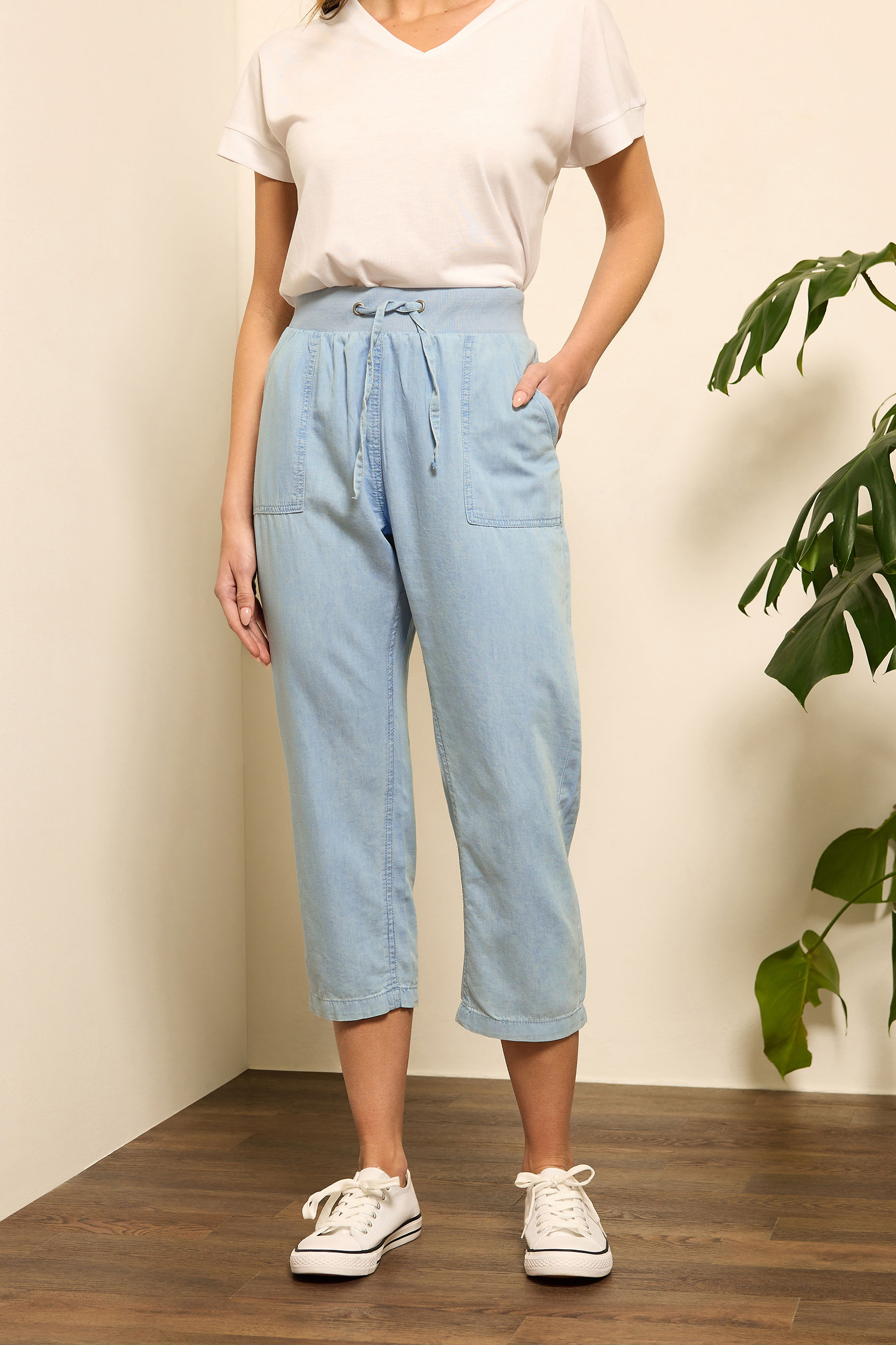 M&Co Blue Light Wash Drawstring Cropped Trousers | M&Co 1