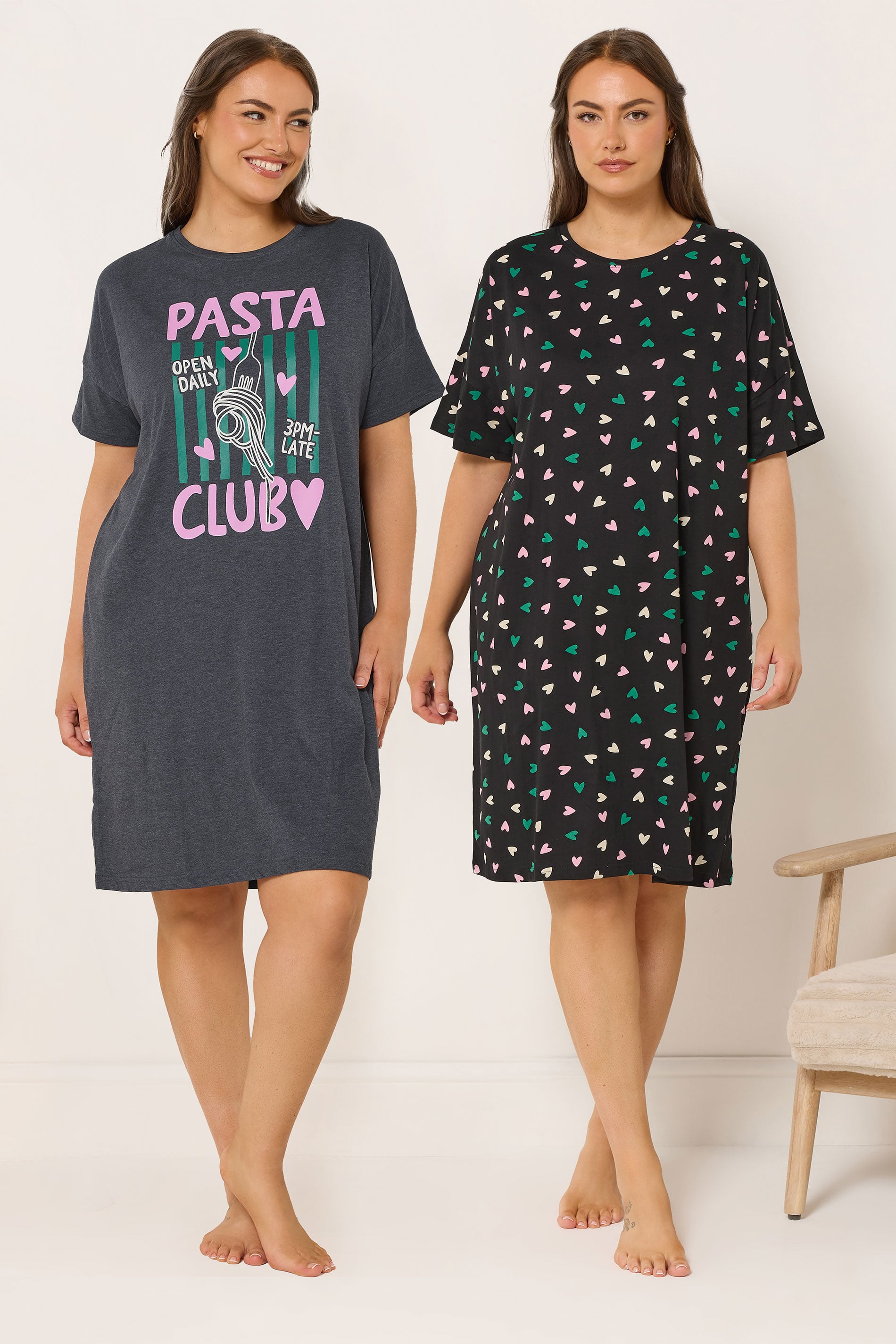 YOURSET 2 PACK Plus Size Grey 'Pasta Club' Sleep Tee Nightdresses | Yours Clothing 1
