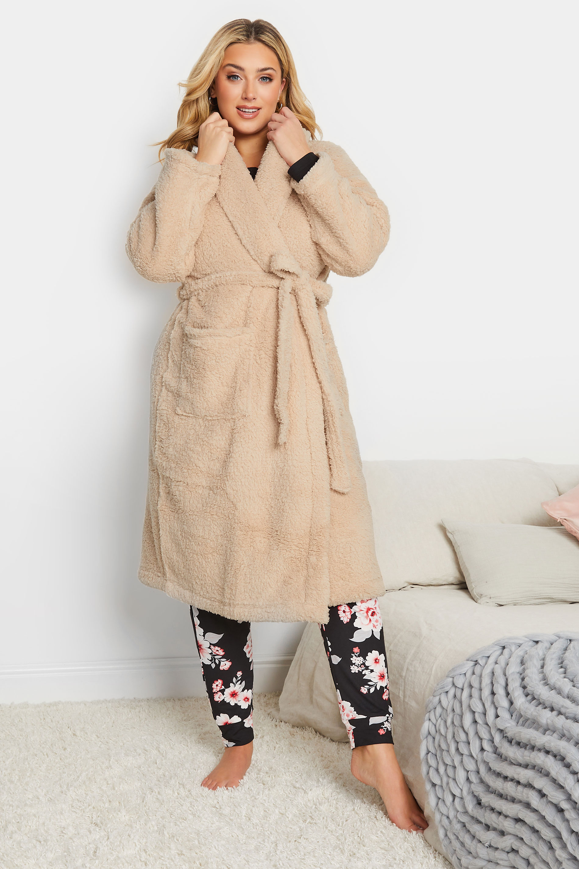 Plus Size Beige Brown Teddy Fleece Dressing Gown | Yours Clothing 1