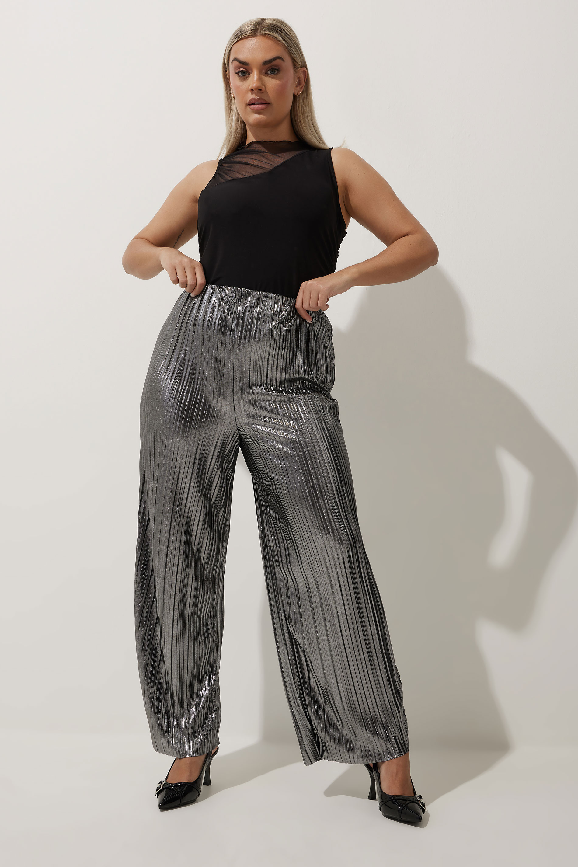 LIMITED COLLECTION Plus Size Silver Metallic Plisse Trousers | Yours Clothing  3
