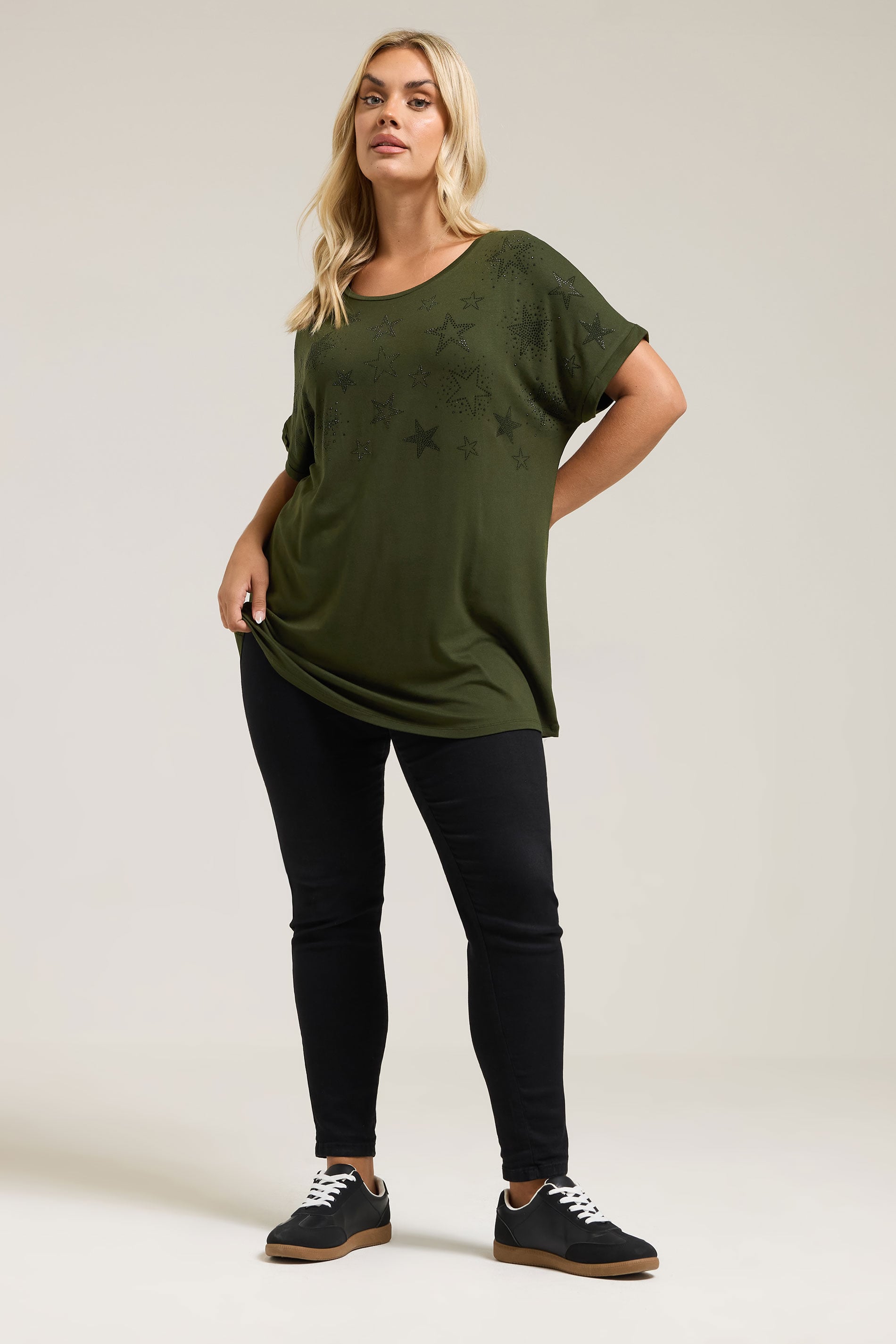YOURS Plus Size Khaki Green Star Print Grown-On Sleeve T-Shirt | Yours Clothing 1