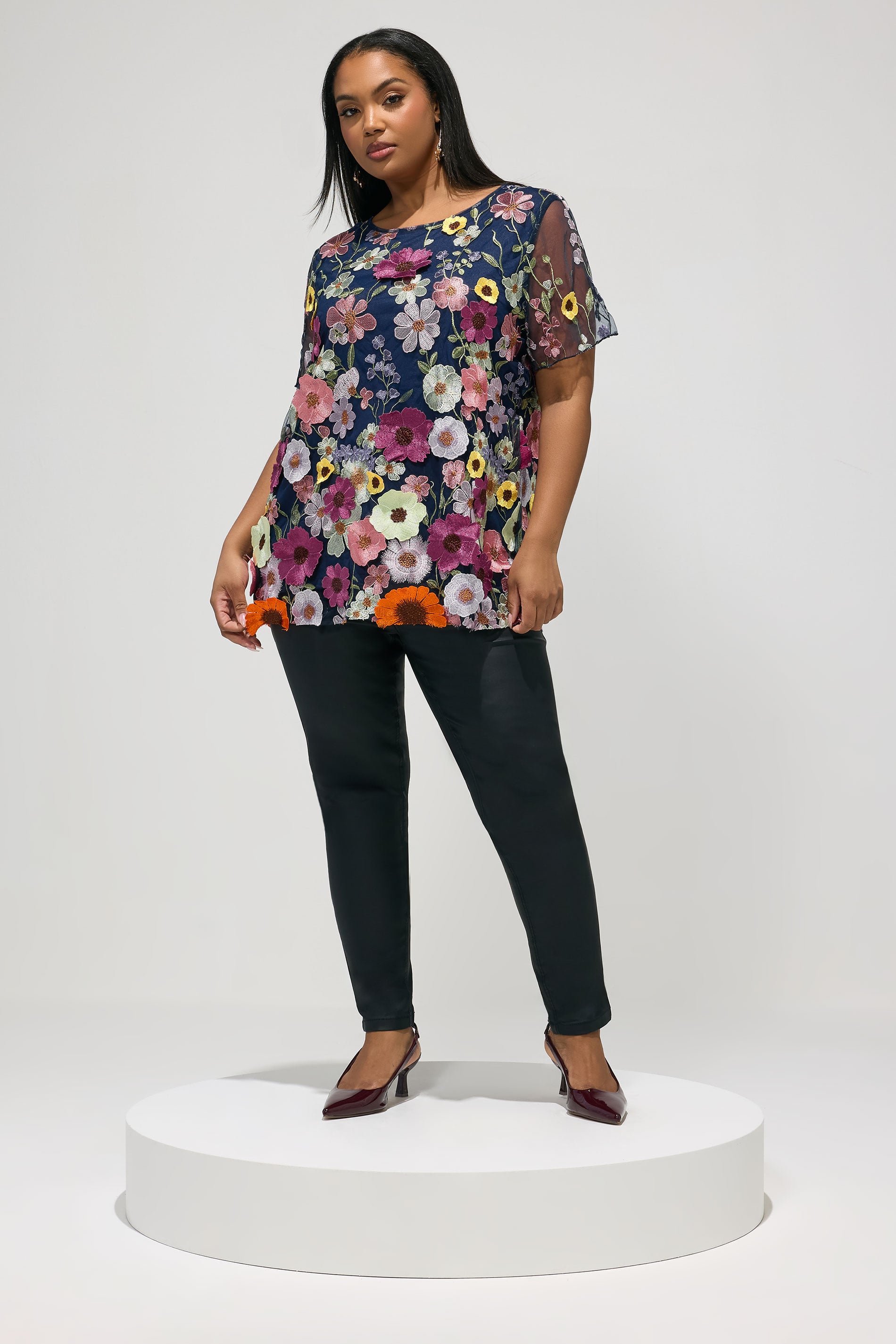 YOURS LONDON Plus Size Navy Blue 3D Floral T-Shirt | Yours Clothing 1