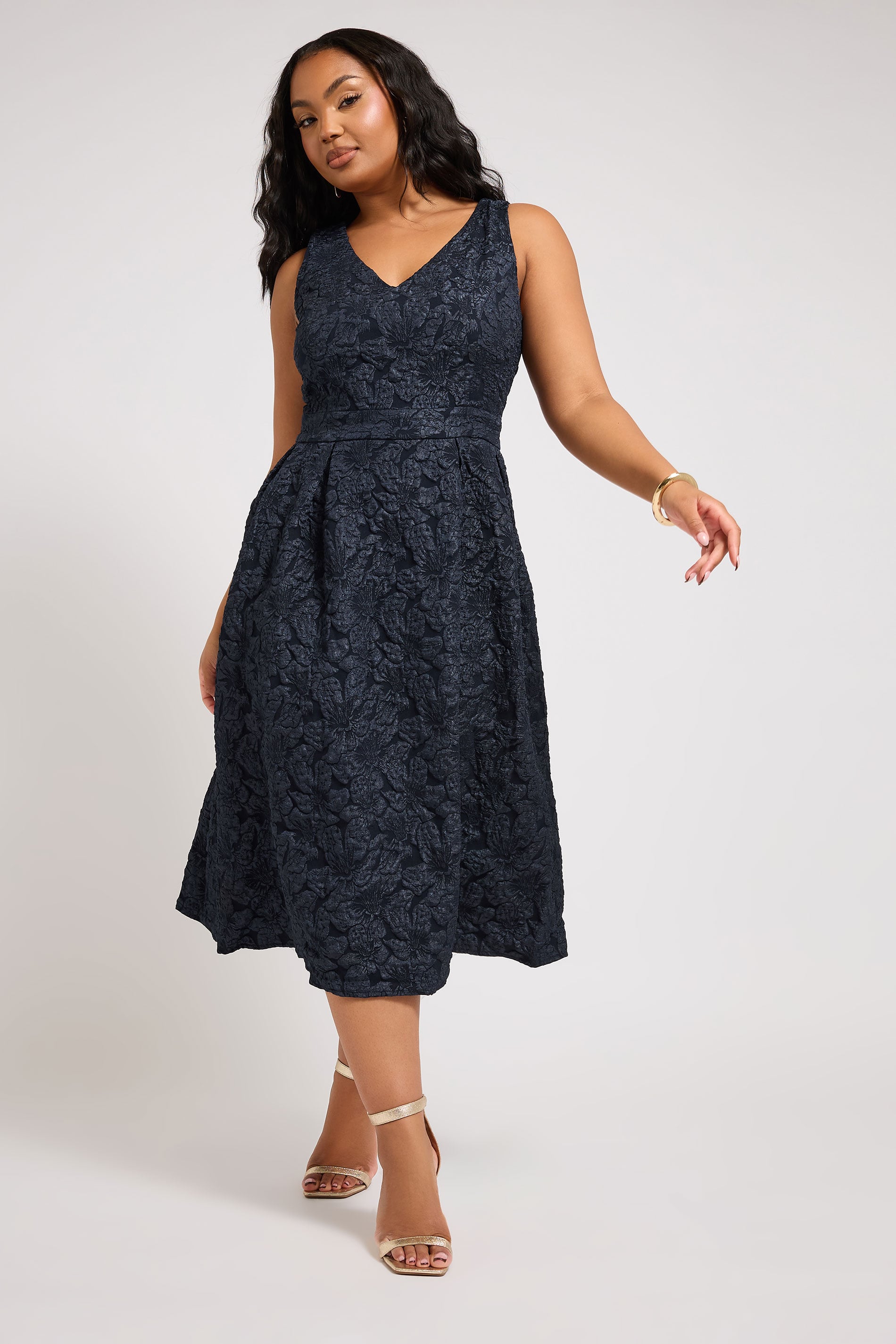 YOURS LONDON Plus Size Navy Blue Floral Jacquard Skater Dress | Yours Clothing 1