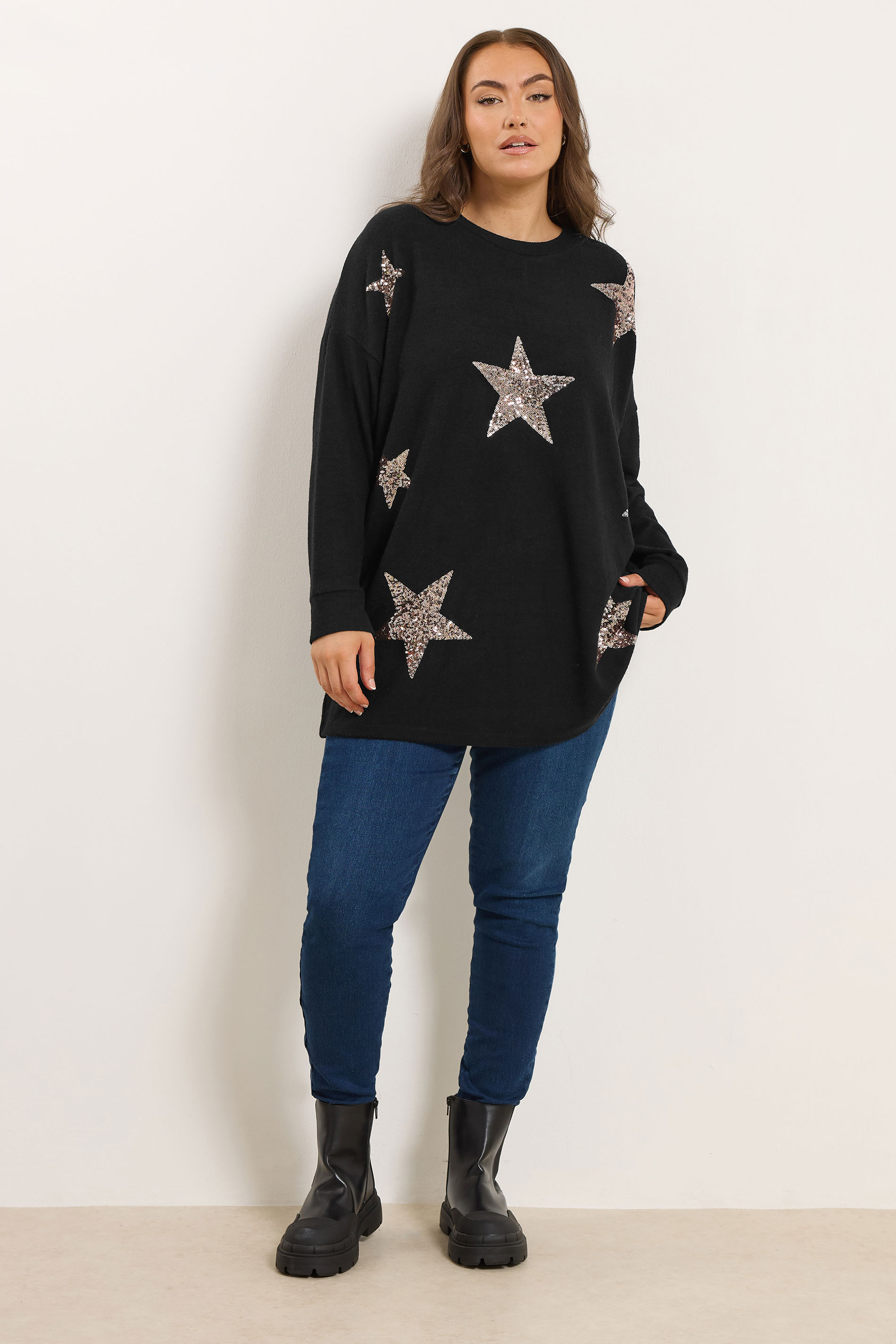 YOURS Plus Size Black Sequin Embellished Star Jumper | Yours Clothing 1