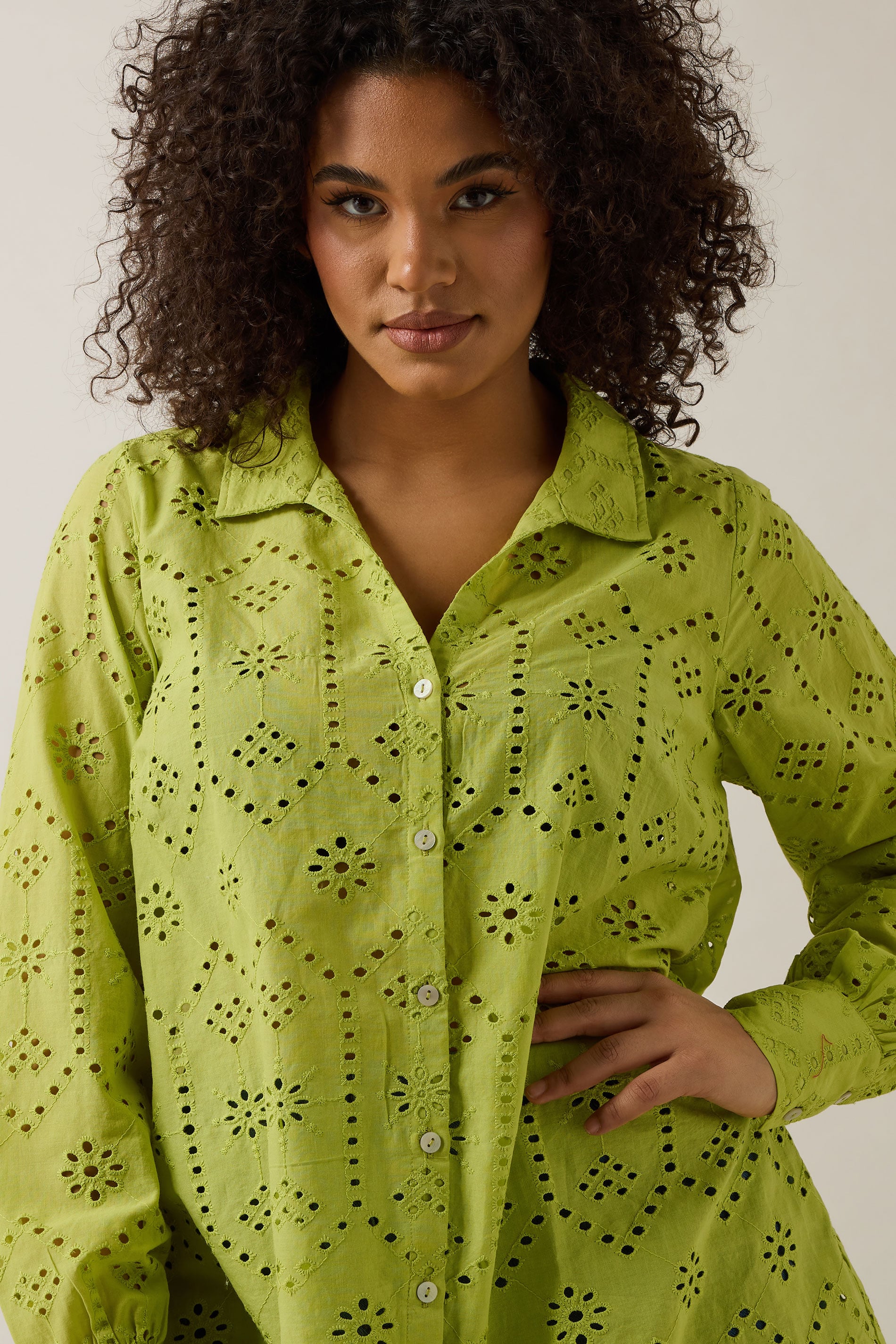 EVANS Plus Size Chartreuse Green Long Sleeve Broderie Shirt | Evans 3