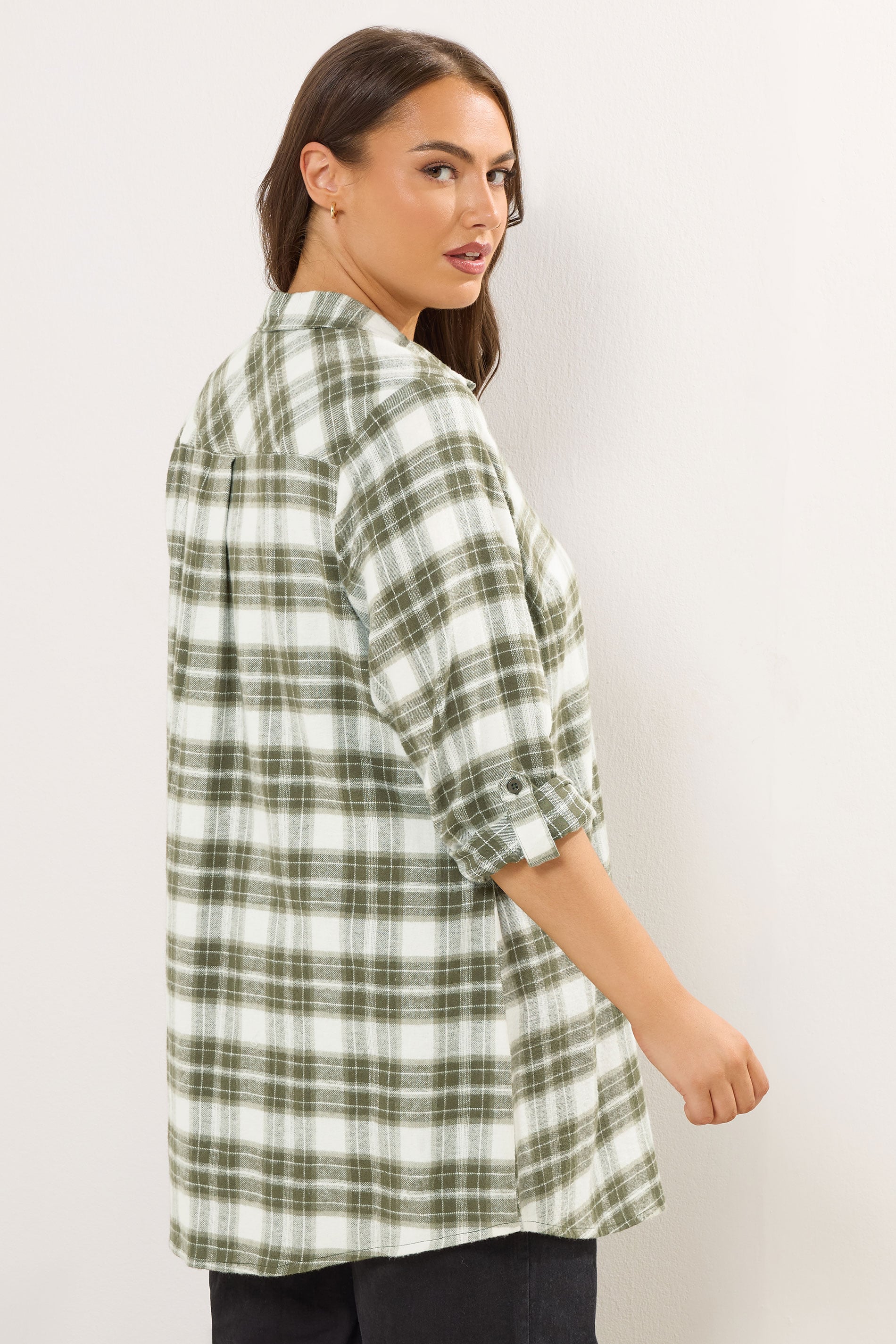 YOURS Plus Size Khaki Green Check Boyfriend Shirt | Yours Clothing 2