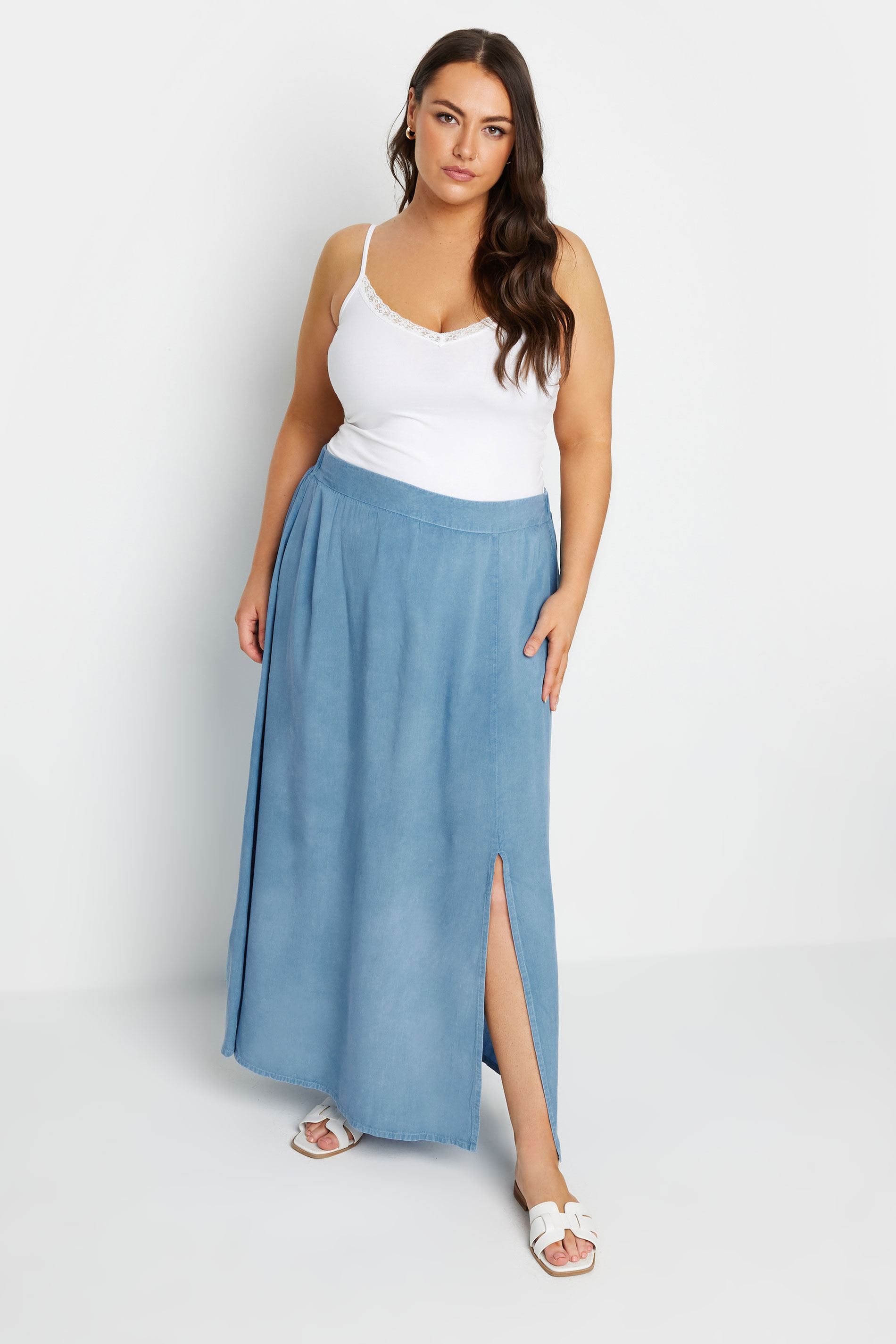 YOURS Plus Size Blue Chambray Maxi Skirt | Yours Clothing 3