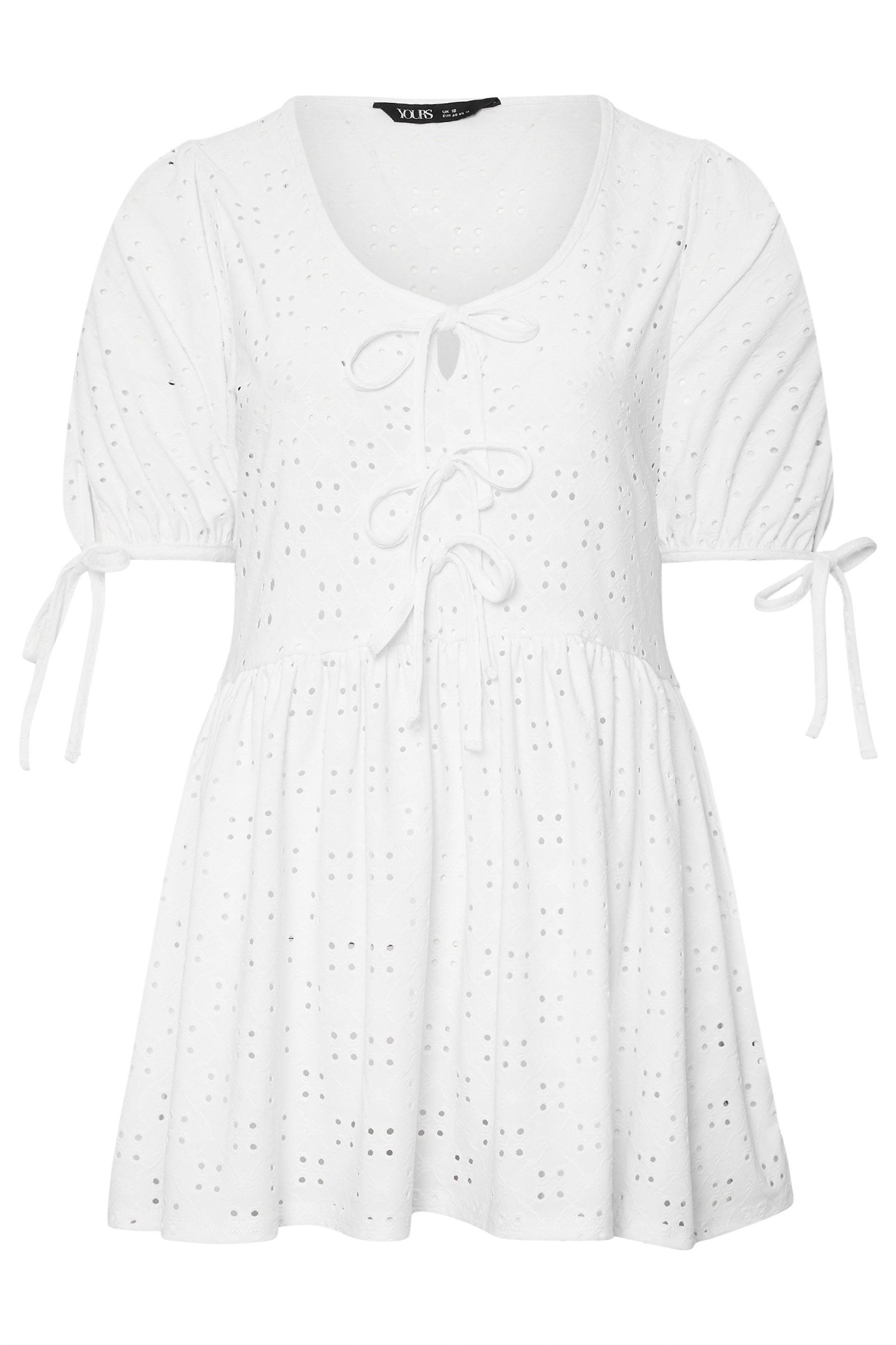 YOURS Plus Size White Broderie Anglaise Tie Front Peplum Top | Yours Clothing 6