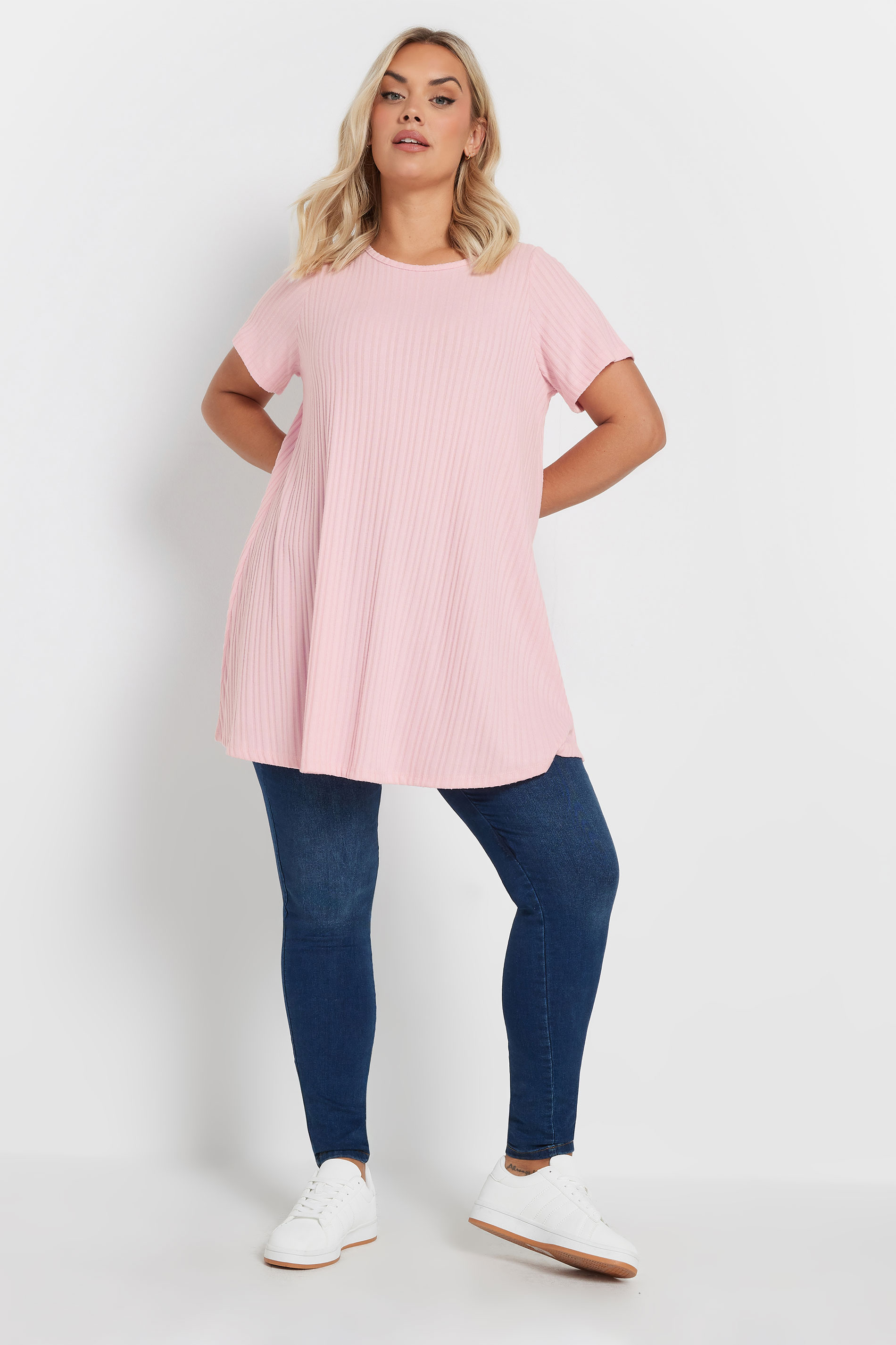 YOURS Plus Size Light Pink Swing Ribbed Top | Yours Clothing 1