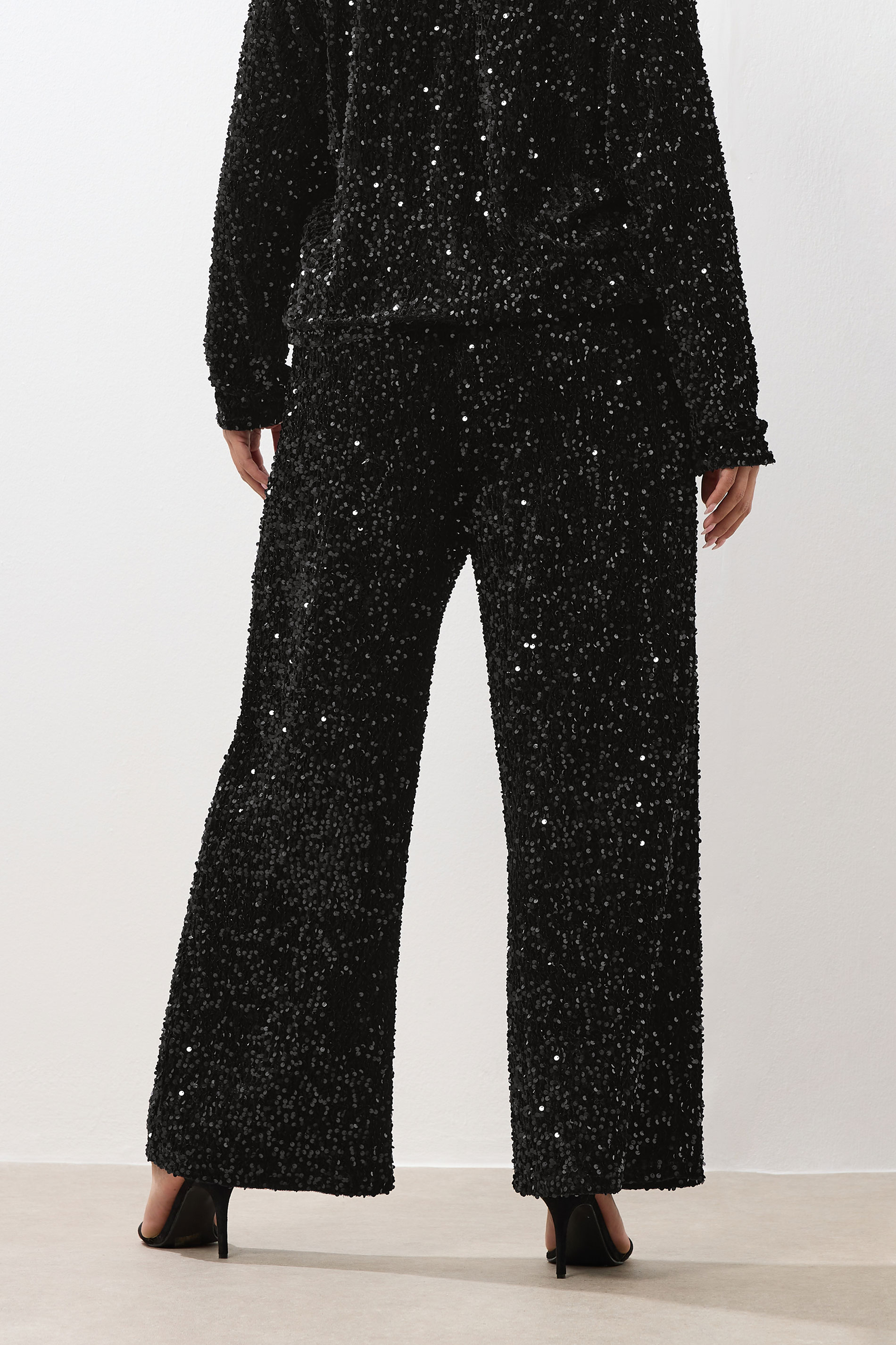 YOURS Plus Size Black Sequin Wide Leg Trousers | Yours Clothing 2