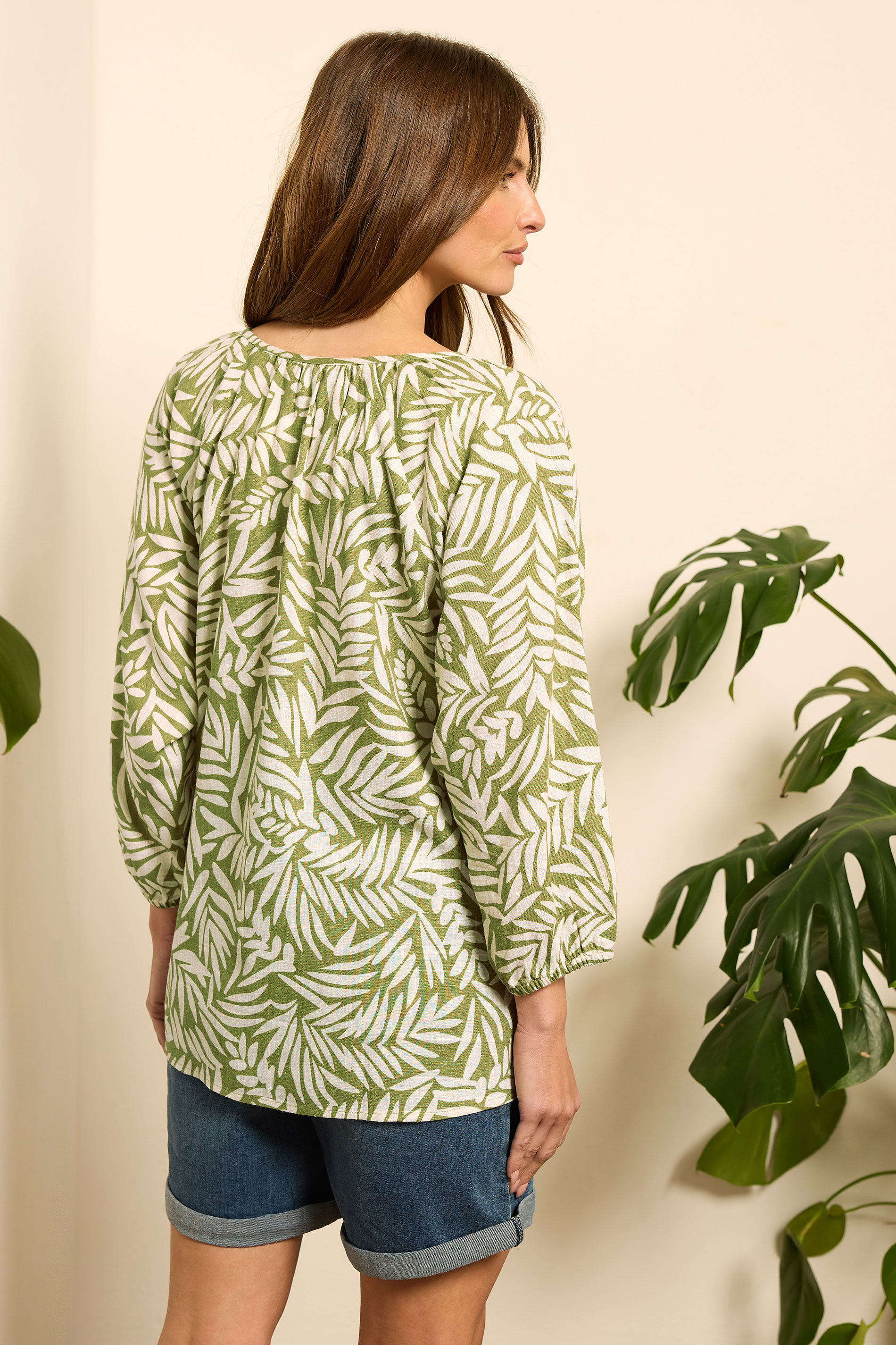 M&Co Green Leaf Print Tie Neck Linen Blouse | M&Co 4
