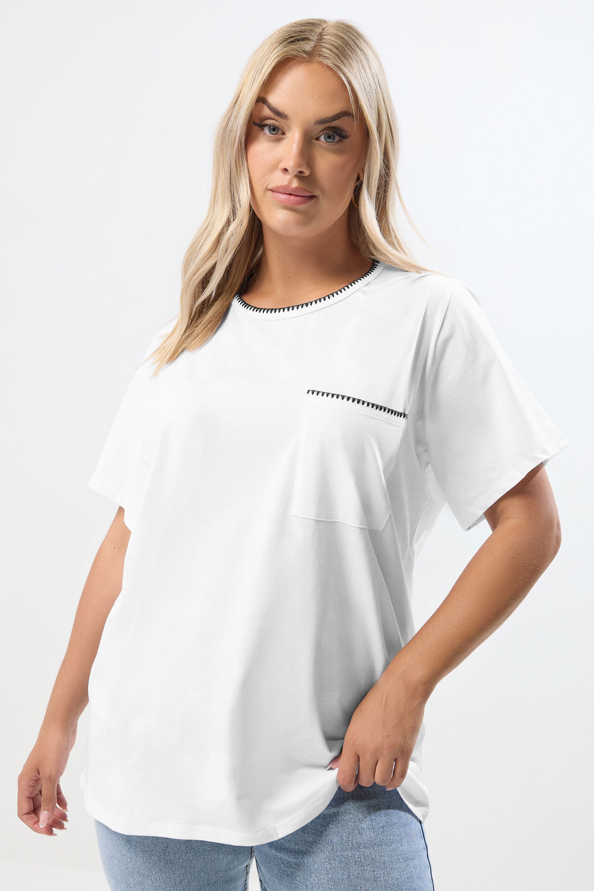 YOURS Plus Size White Contrast Stitch Heavyweight Pocket T-Shirt | Yours Clothing 3