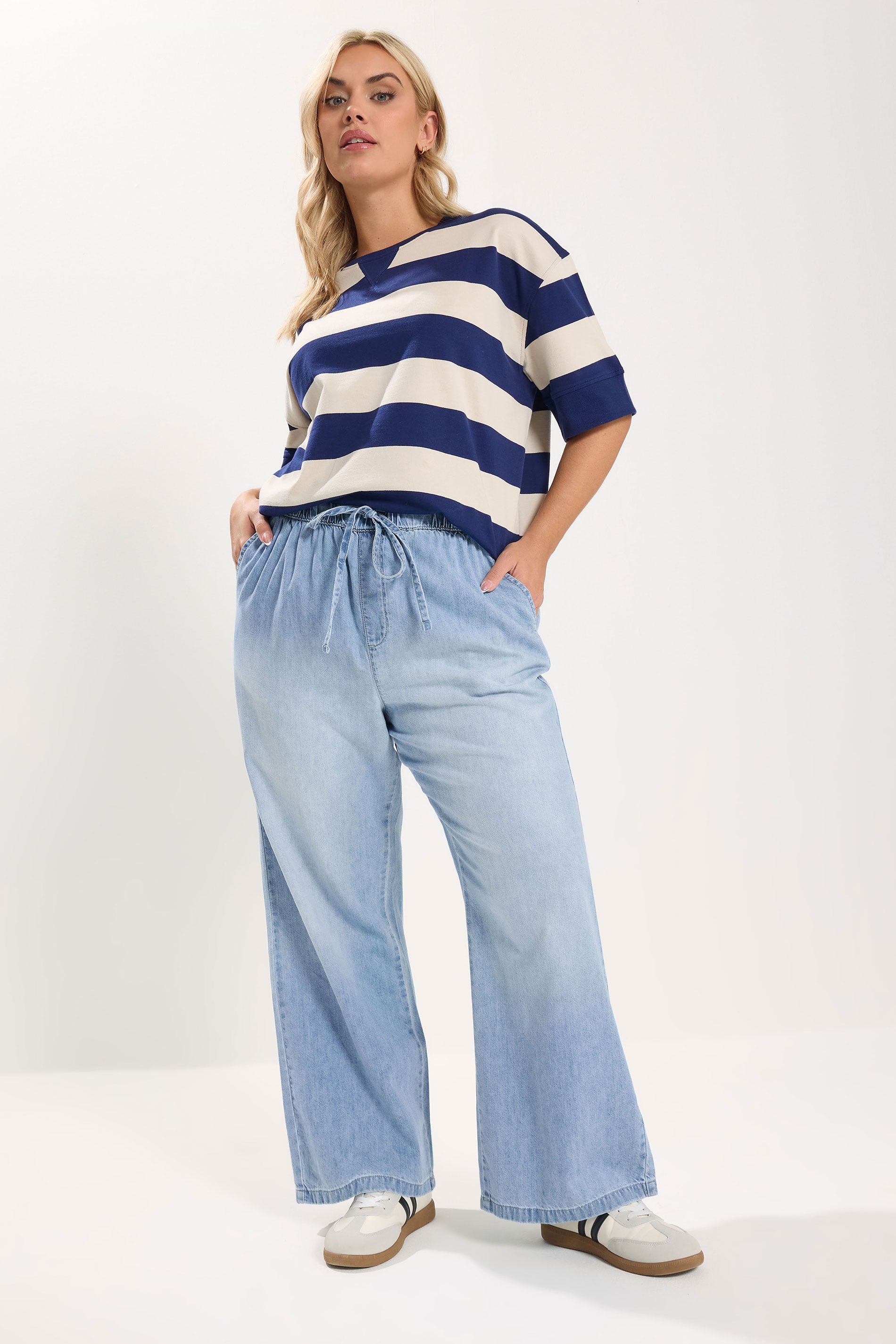 YOURS Plus Size Light Blue Drawstring Wide Leg Jeans | Yours Clothing 3