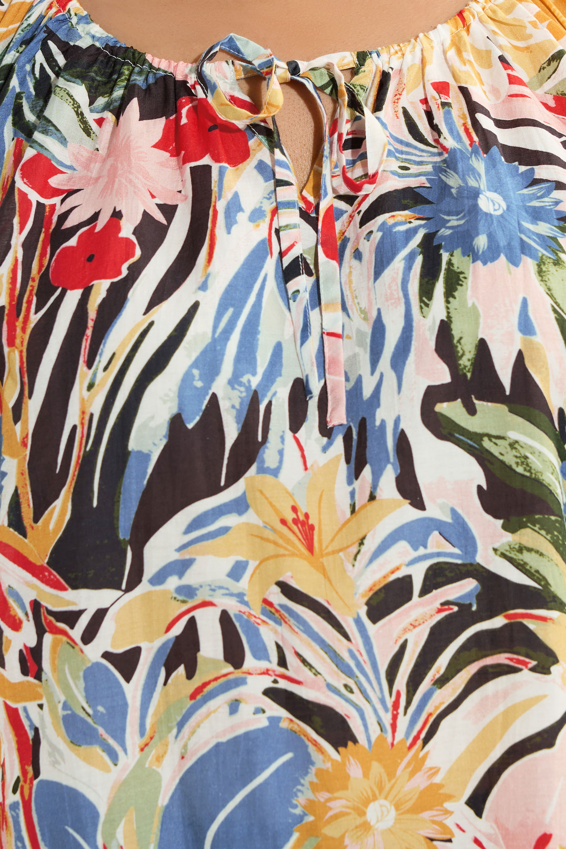 EVANS Plus Size Blue & Yellow Floral Print Tie Neck Top | Yours Clothing 5